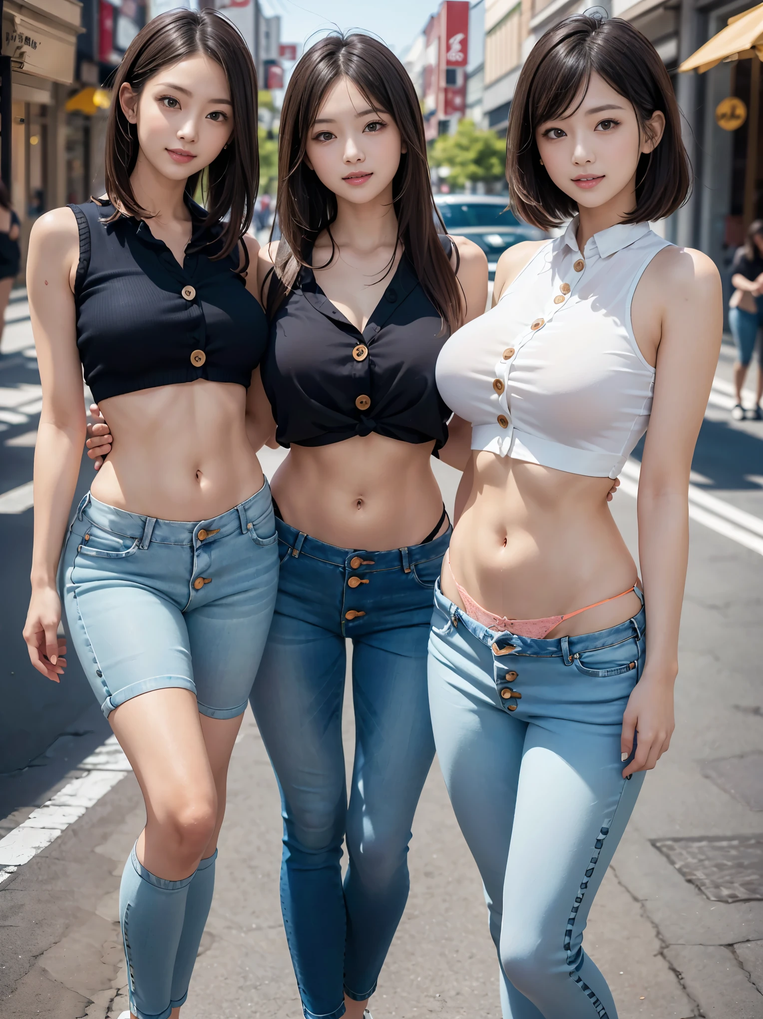 (Best Quality, Masterpiece, Photo realistic, Ultra Detailed, ultra high res, raw), (4 girls, group shot), pretty, Japanese, smile, bangs, double eyelids, (big breasts:1.3), (long hair| medium hair| short hair), (LowriseXL, LowwaistXL, groin), cropped camisole, BREAK, skinny jeans, (opening jeans buttons, panties:1.5), navel, (sneaker, beautiful legs, full body), main street,