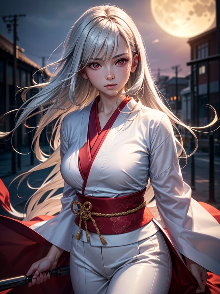 a very beautiful woman with silver hair and smooth long hair, white skin, red eyes, wearing a stylish white and red kimono, in a beautiful full moon scenery, protected by god, (best quality,4k,8k,highres,masterpiece:1.2),ultra-detailed,(realistic,photorealistic,photo-realistic:1.37),HDR,UHD,studio lighting,ultra-fine painting,sharp focus,physically-based rendering,extreme detail description,professional,vivid colors,bokeh,portraits、((Combat Ready))