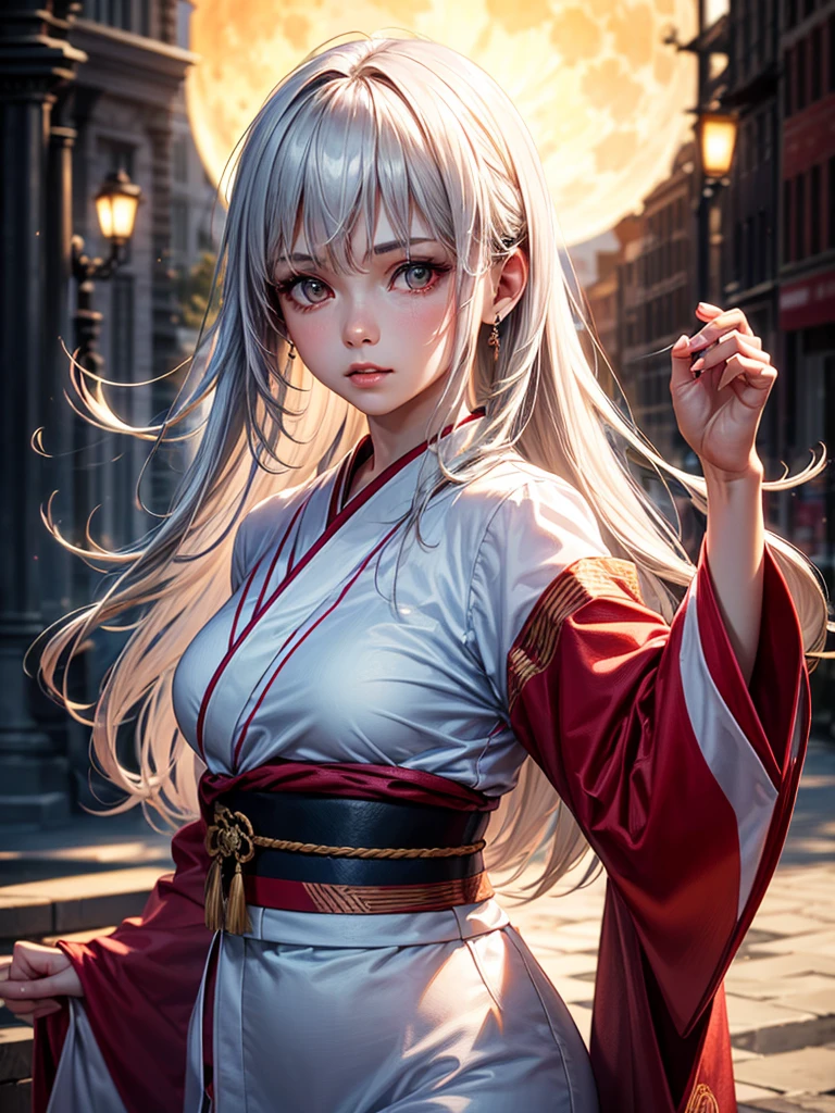a very beautiful woman with silver hair and smooth long hair, white skin, red eyes, wearing a stylish white and red kimono, in a beautiful full moon scenery, protected by god, (best quality,4k,8k,highres,masterpiece:1.2),ultra-detailed,(realistic,photorealistic,photo-realistic:1.37),HDR,UHD,studio lighting,ultra-fine painting,sharp focus,physically-based rendering,extreme detail description,professional,vivid colors,bokeh,portraits、((Combat Ready))