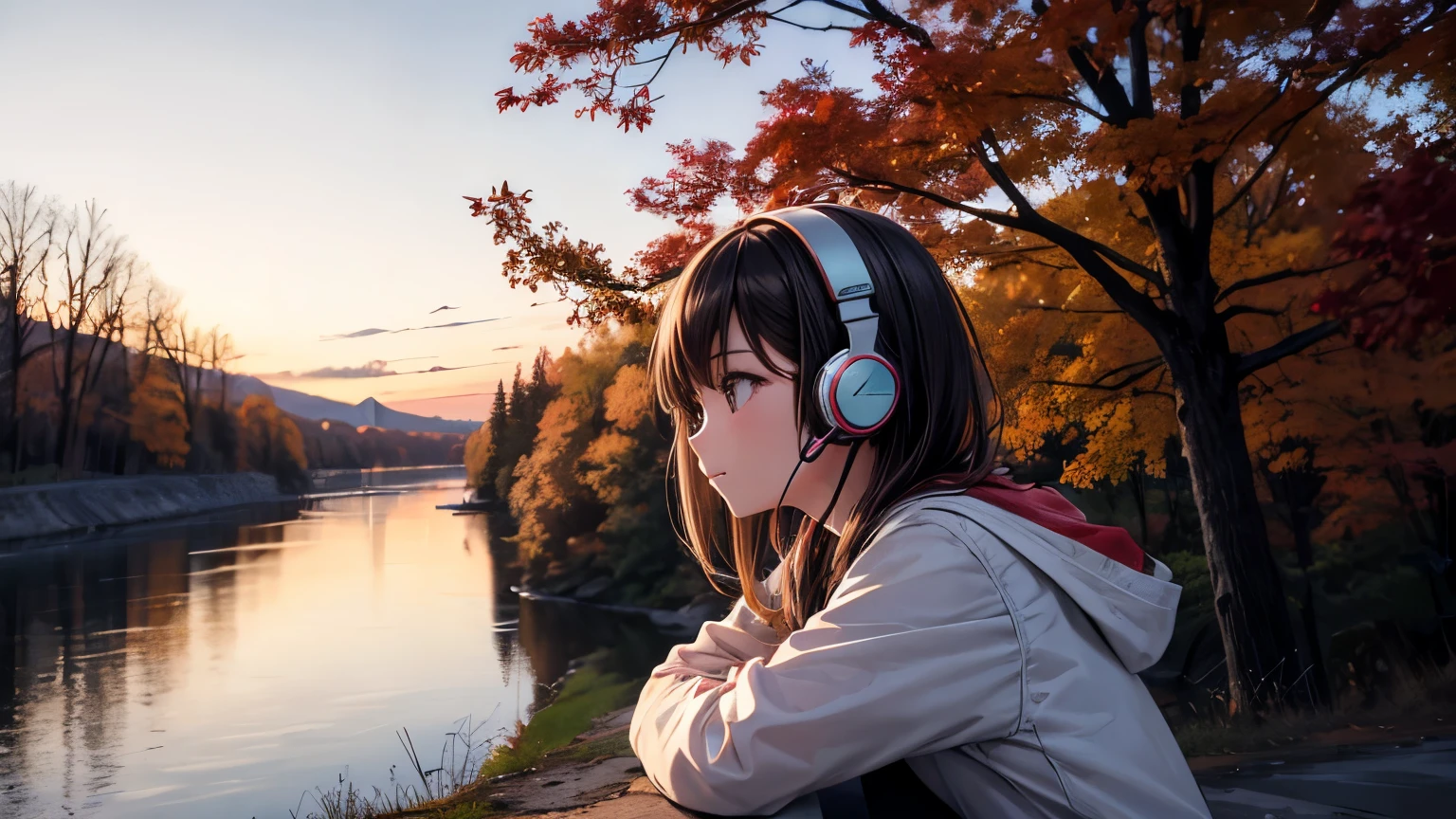 girl wearing headphones waiting for sunset in front of beautiful river. there are maple trees beside the river.