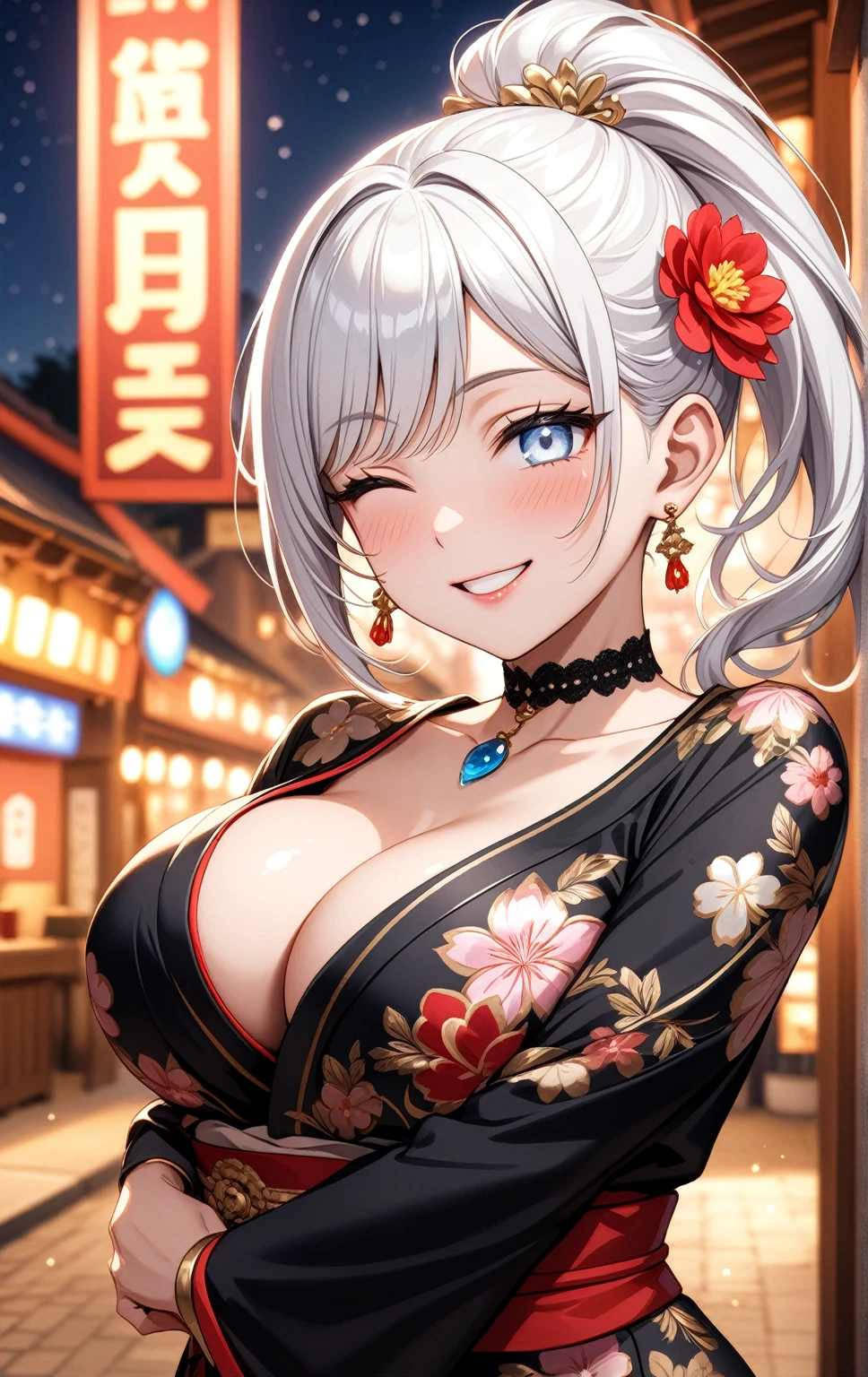 ((one personの女性)), Beautiful Face,(a woman requesting a hug. She has her both arms open wide as if ready to embrace someone),(Bright red cheeks:1.3),((Wink:2.0)),Laughing embarrassedly,Laugh with your mouth wide open,Glossy pink lips,Cinema lighting,night,Outdoor tavern,firework,((Anime style background)),masterpiece, highest quality, so beautiful, Latest, Complex details, (Pink long nails),(ring),(bracelet),(choker),AI-generated, Complex,High resolution, highest quality, super high quality,3D Images、View your viewers、3D Images,one person,Long white hair,High Ponytail,(blue eyes),Anime woman posing for a photo, ((Fine grain、Silvery white colorful eyes、Shining Eyes:1.3)),(Squint your eyes:1.1),a hyperRealistic , hyperRealistic , Realistic,Anime woman with long and white hair, Smooth anime CG art, A woman in a colorful kimono with gold embroidery, (Black kimono),Red floral pattern,Long flower hair ornament,Big earrings,Mature Body,(Big Breasts:1.1),Tall,Fine details,Narrow waist, (Face close-up:1.4)
