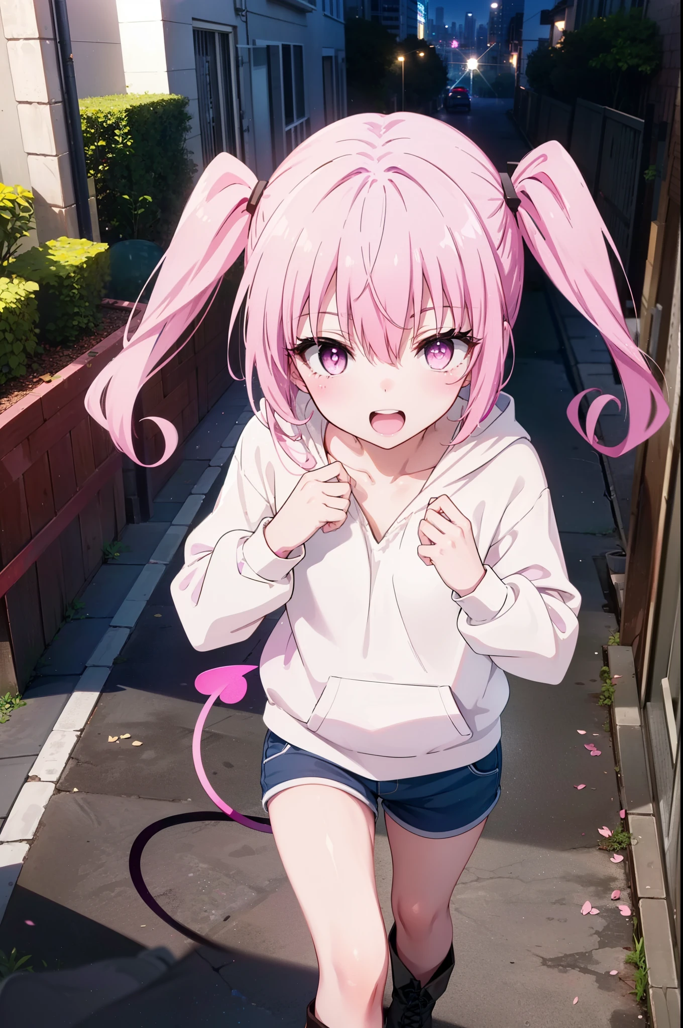  devil,  That deviluke, One Girl,teeth, Long Hair, (Pink Eyes:1.5), Pink Hair, tail, Twin tails, (Flat Chest:1.2),tail,happy smile, smile, Open your mouth,
break demon tail,  Oversized hoodie,Shorts,Black knee socks,short boots,walking,whole bodyがイラストに入るように,
break outdoors, city,construction area,
break looking at viewer, whole body,
break (masterpiece:1.2), highest quality, High resolution, unity 8k wallpaper, (shape:0.8), (beautiful detailed eyes:1.6), extremely detailed face, Perfect lighting, extremely detailed CG, (Perfect hands, Perfect Anatomy),