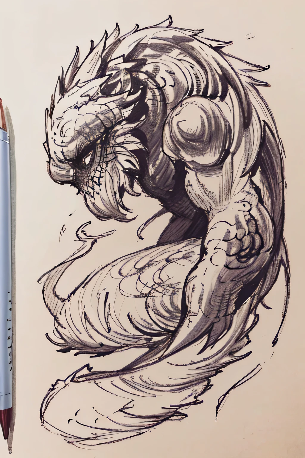 A pencile doodle of an ugly monster, less detailing, a lot of errors, over lining, messy, drawn in a sketch book, no shading, no blending, no pixels