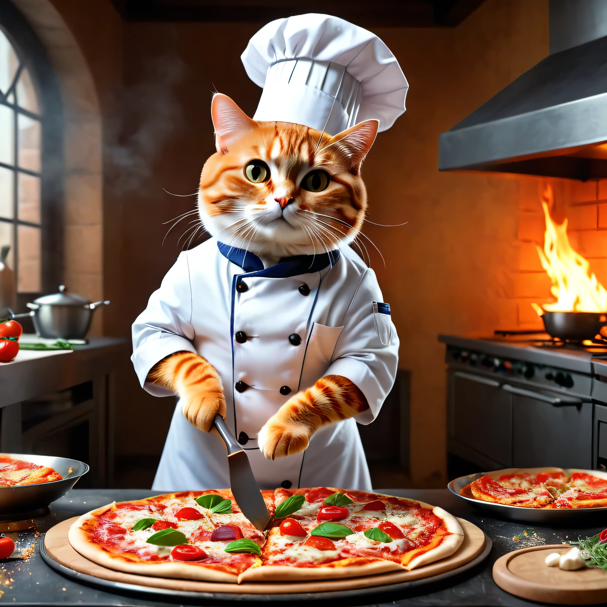 (whole body), ((Fat Cat)), Cook, Dressed as a chef, Preparing the pizza, Ultra-detailed, Hyperrealism, Sharp frame, Cinematic, (Action packed background), Lighting