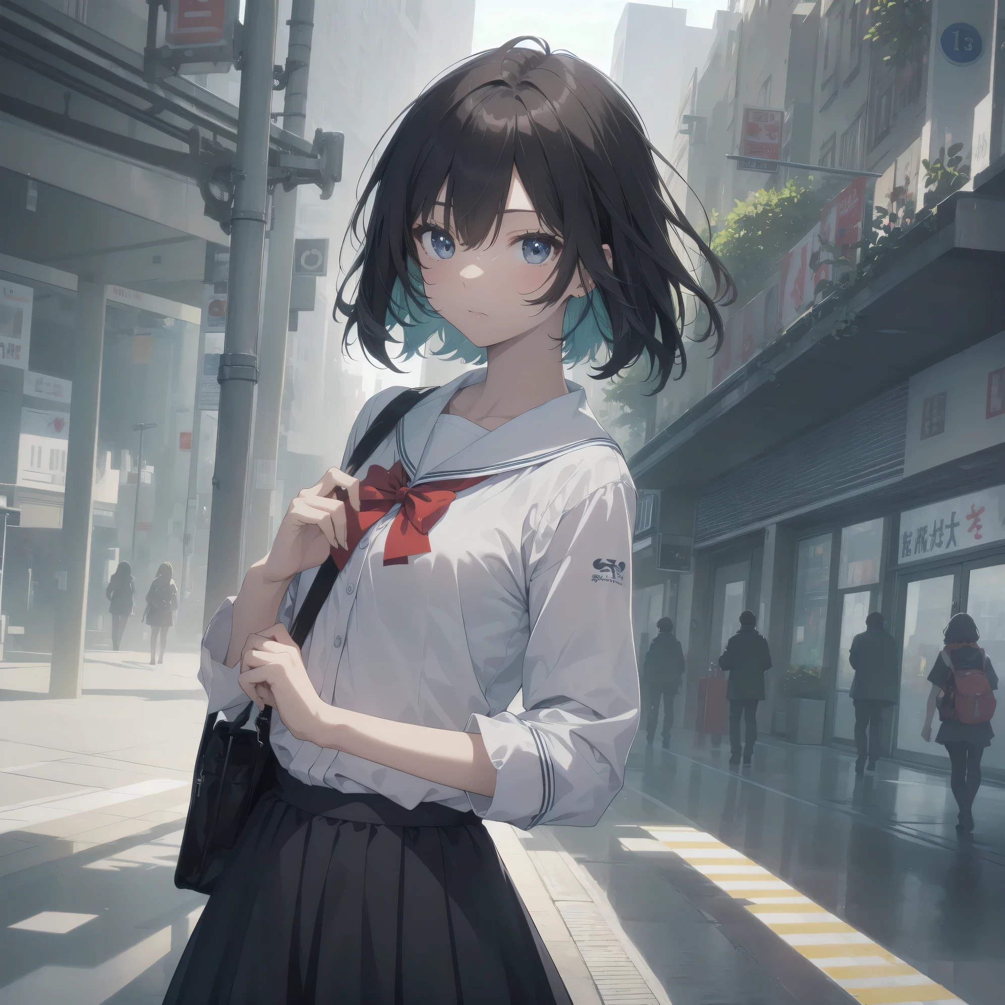 ultra-absurdres-Top quality by artist God, ultra-detailed, high resolution, anime moe artstyle, best anime 8k konachan wallpaper, pixiv contest winner, pool:2810, perfect anatomy,break, 1girl, (Please draw a girl walking sleepily to school alone. )break,(Solo,little female, 13-year-old:1.3),Full limbs, complete fingers,a junior high school student, (very short hair), short cut, flat chest, , small butt, small black eyes, beautiful detailed eyes, well-proportioned iris and pupils, expressive eyes, highres detailed hair, soft expression, salor school_uniform, sailor collar, serahuku, bow, pleated skirt,(Detailed Lighting), (Detailed background), in the School commute route. break,super detailed skin, Best cinematic lighting powered by famous artist, 8k,beauty illustration,photoshop_(medium),very aesthetic,break,((artist:belko )), artist:clamp ,artist:carnelian ,artist:kantoku ,
