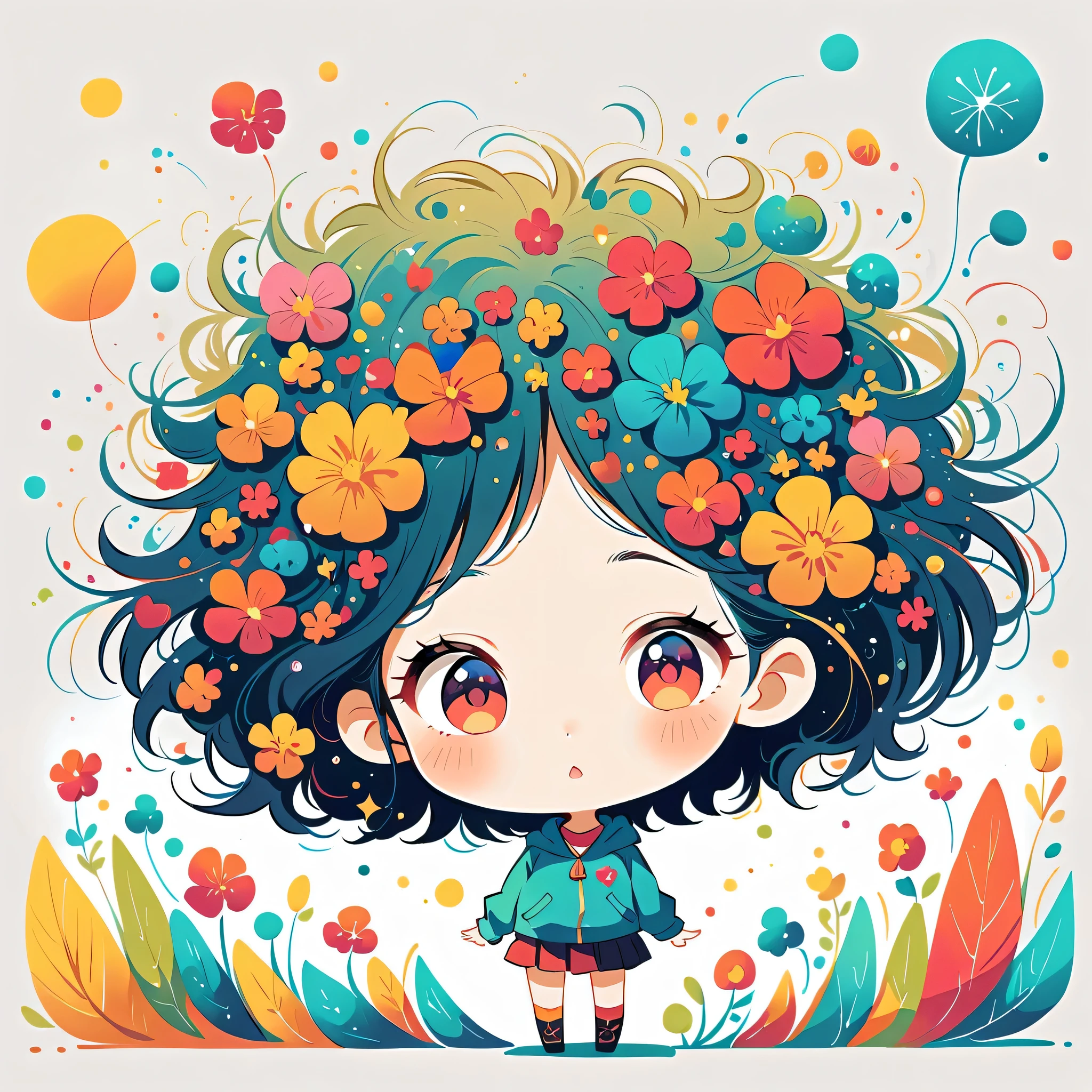 Takashi Murakami style, Standing in front of a high wall,Simple Line Initialism,Abstract art,Urban Background, (((The most beautiful girl))), (((chibi))), colorful flowers