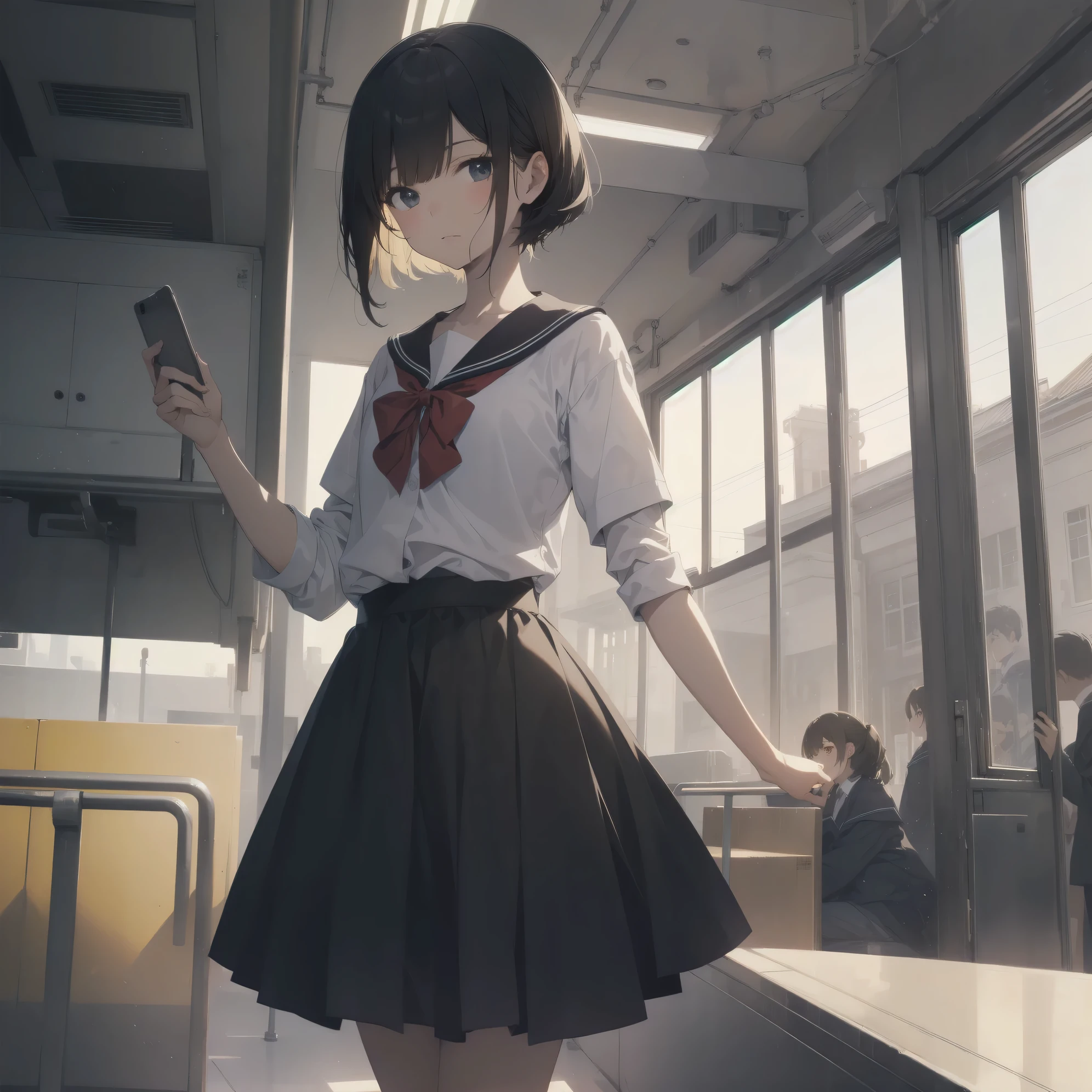 ultra-absurdres-Top quality by artist God, ultra-detailed, high resolution, anime moe artstyle, best anime 8k konachan wallpaper, pixiv contest winner, pool:2810, perfect anatomy,break, 1girl, (Please draw a girl walking sleepily to school alone. )break,(Solo,little female, 13-year-old:1.3),Full limbs, complete fingers,a junior high school student, (very short hair), short cut, flat chest, , small butt, small black eyes, beautiful detailed eyes, well-proportioned iris and pupils, expressive eyes, highres detailed hair, soft expression, salor school_uniform, sailor collar, serahuku, bow, pleated skirt,(Detailed Lighting), (Detailed background), in the School commute route. break,super detailed skin, Best cinematic lighting powered by famous artist, 8k,beauty illustration,photoshop_(medium),very aesthetic,break,((artist:belko )), artist:clamp ,artist:carnelian ,artist:kantoku ,