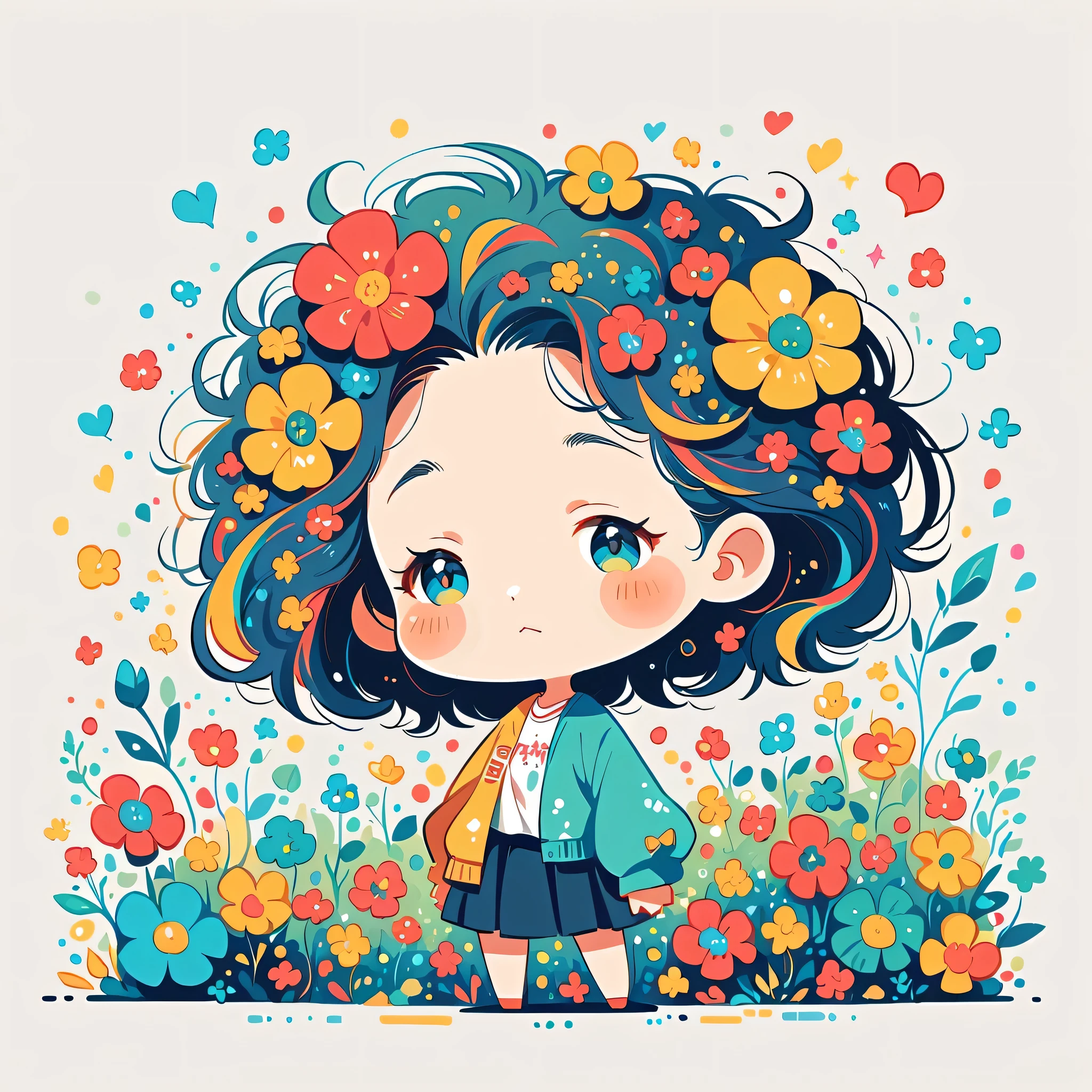 Takashi Murakami style, Standing in front of a high wall,Simple Line Initialism,Abstract art,Urban Background, (((The most beautiful girl))), (((chibi))), colorful flowers