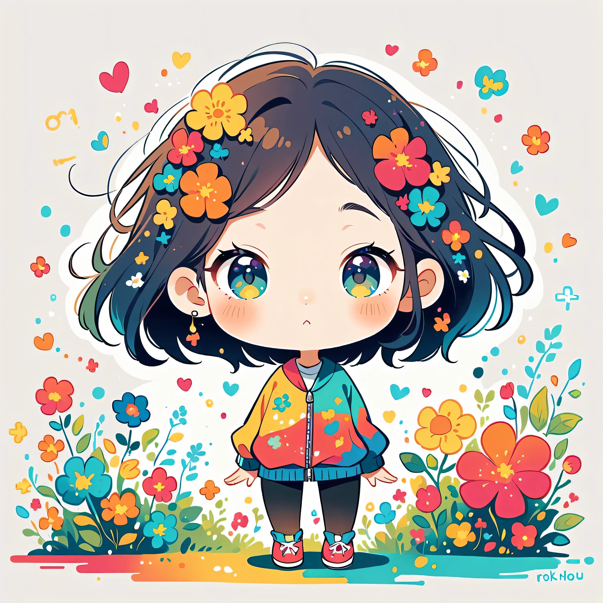 Takashi Murakami style, Standing in front of a high wall,Simple Line Initialism,Abstract art,Urban Background, (((The most beautiful girl))), (((chibi))), colorful flowers