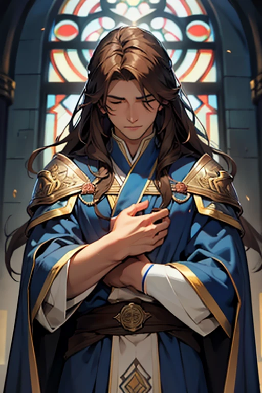 A handsome cleric with long brown hair closed eyes wearing blue robe