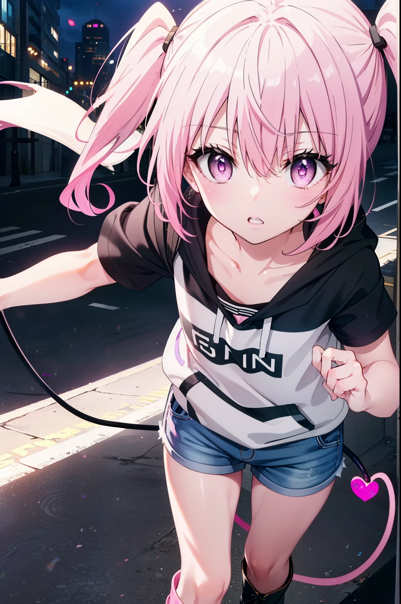 Nana Devil,  That Deviluke, tooth, Long Hair, (Pink Eyes:1.5), Pink Hair, tail, twintails, (Flat Chest:1.2),
Oversized hoodie,Shorts,Black knee socks,short boots,whole bodyがイラストに入るように,walking,
break outdoors, ビル街
break looking at viewer, whole body,
break (masterpiece:1.2), highest quality, High resolution, unity 8k wallpaper, (figure:0.8), (beautiful detailed eyes:1.6), extremely detailed face, Perfect lighting, extremely detailed CG, (Perfect hands, Perfect Anatomy),