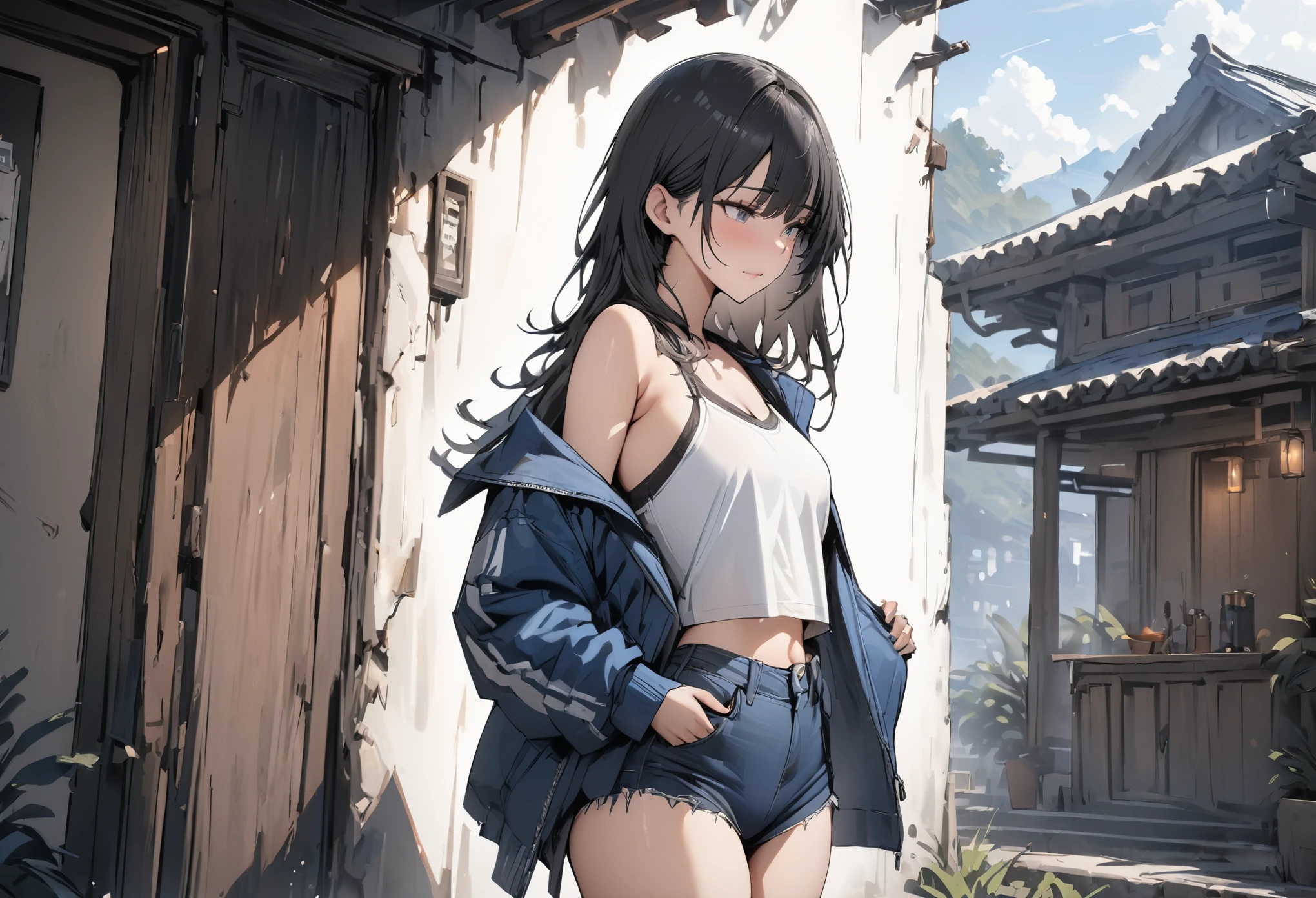 (masterpiece, best quality:1.2), 1 girl, alone , sexy , blue jaket , cutoff-jeans , (cowboy shot) , black hair , white top