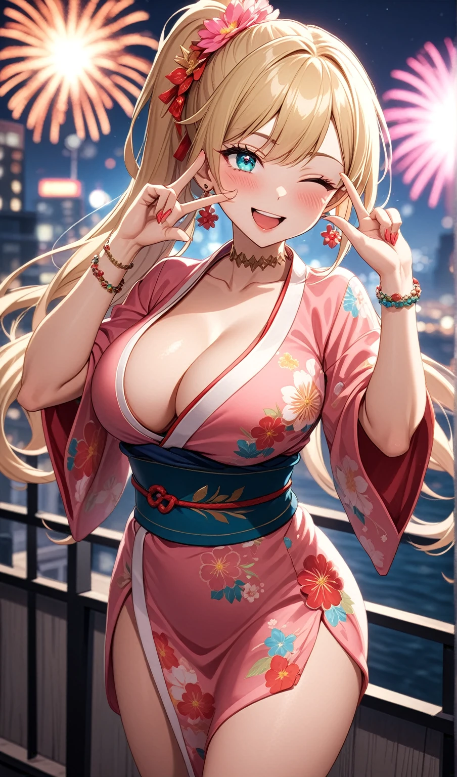 ((one personの女性)), Beautiful Face,(a woman making a peace sign. She is forming a peace sign with both hands and smiling at the camera), Laughing embarrassedly,((Wink:2.0)),Laughing with your mouth open,((Red cheeks:1.3)),Lighting on the face,Glossy pink lips,night,rooftop,Festive decorations,You can see the ocean, firework,((Anime style background)),masterpiece, highest quality, so beautiful, Latest, Complex details, (Pink long nails),(ring),(flower bracelet),Floral choker,AI-generated, Complex,High resolution, highest quality, super high quality,3D Images、View your viewers、3D Images,one person,Long Blonde Hair,High Ponytail,Turquoise Eyes,Anime woman posing for a photo, (Fine grain,Colorful eyes,Shining Eyes:1.4),(Squint your eyes:1.1),a hyperRealistic , hyperRealistic , Realistic,Blonde anime woman with long hair, Smooth anime CG art, A woman in a colorful kimono with gold embroidery, (Pink kimono),Red floral pattern,Long flower hair ornament,Large floral earrings,(ring),(Big Breasts:1.1),Mature Body,Tall,Big Ass,Fine details,Tight waist,Abdominal muscles,(Face close up:1.4),(Tilt your face), Shooting from an angle,