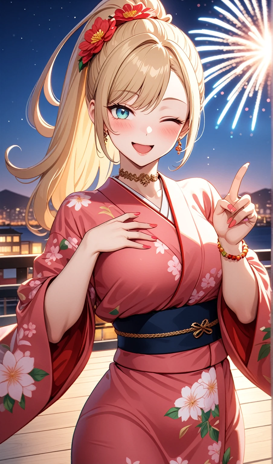 ((one personの女性)), Beautiful Face,(a woman making a peace sign. She is forming a peace sign with both hands and smiling at the camera), Laughing embarrassedly,((Wink:2.0)),Laughing with your mouth open,((Red cheeks:1.3)),Lighting on the face,Glossy pink lips,night,rooftop,Festive decorations,You can see the ocean, firework,((Anime style background)),masterpiece, highest quality, so beautiful, Latest, Complex details, (Pink long nails),(ring),(flower bracelet),Floral choker,AI-generated, Complex,High resolution, highest quality, super high quality,3D Images、View your viewers、3D Images,one person,Long Blonde Hair,High Ponytail,Turquoise Eyes,Anime woman posing for a photo, (Fine grain,Colorful eyes,Shining Eyes:1.4),(Squint your eyes:1.1),a hyperRealistic , hyperRealistic , Realistic,Blonde anime woman with long hair, Smooth anime CG art, A woman in a colorful kimono with gold embroidery, (Pink kimono),Red floral pattern,Long flower hair ornament,Large floral earrings,(ring),(Big Breasts:1.1),Mature Body,Tall,Big Ass,Fine details,Tight waist,Abdominal muscles,(Face close up:1.4),(Tilt your face), Shooting from an angle,