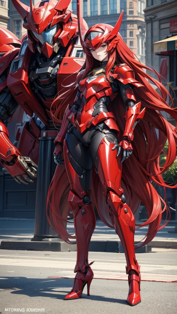 Large red long-haired female robot，helmet，Full body red armor，mechanical joint，Chest，fit，，high heels，front，small city