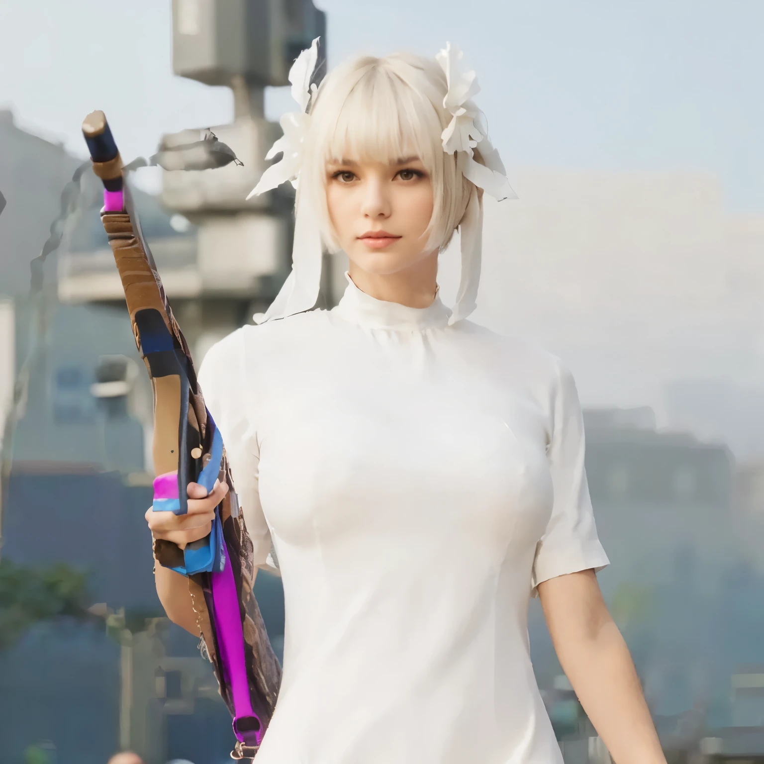 best quality, 1girl, (skindentation), (huge breast:1.2), (blur background:0.6), (street:1.2), (people, crowds:1), garden, day, outdoor, (casual yet stylish, elegant cloth, high neck dress:1.5), gorgeous, (bangs, short hair:1.5), (floating hair:1.2), (dynamic pose:1.2), soft lighting, wind, (front light:1.5), makeup,