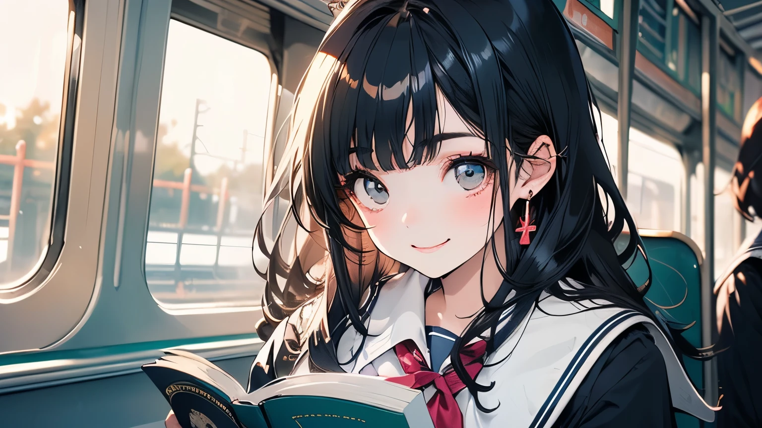 ((Beautiful schoolgirl:1.5),High resolution, highest quality),Wearing a sailor uniform,Super detailed, Big bright eyes, dark and brilliant curly hair, Cute Smile, Rosy Cheeks, Soft Light, Pure white background. riding a train,Reading a book