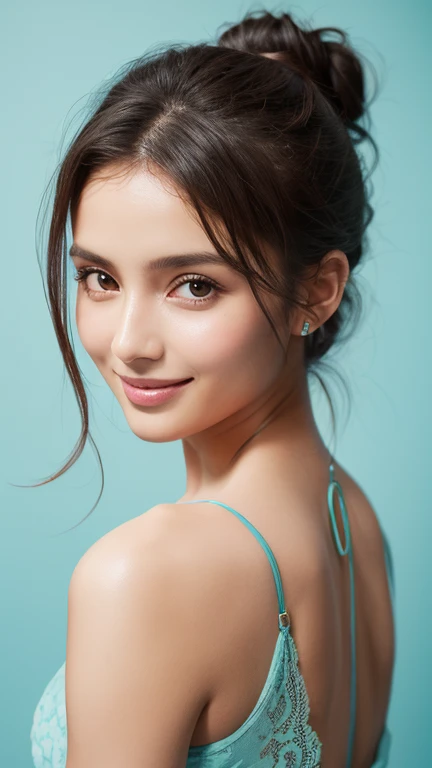 watercolor sketch of beautiful female, looking at camera, centered portrait head and shoulders, beauty, slim perfect face, natural look, playmate, Fatima Siad, hair tied in a bun, supermodel , color sketch, moist skin, cyan eyes, archaic smiling, see-through cyan lace brassiere, in photo studio
