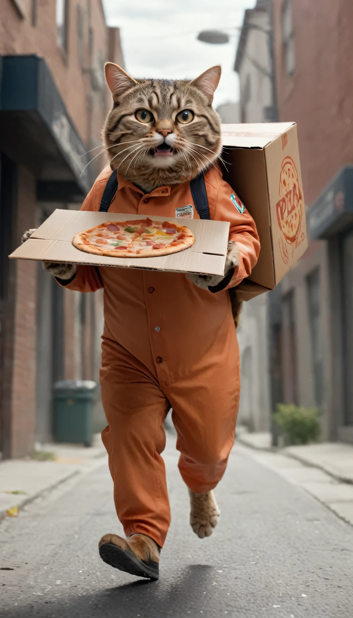 ((whole body)), Fat cat in a pizza delivery suit, running down the street, Pizza box on foot, Action-packed backgrounds, Cinematic, High quality details, high realism, Bright contrasting colors