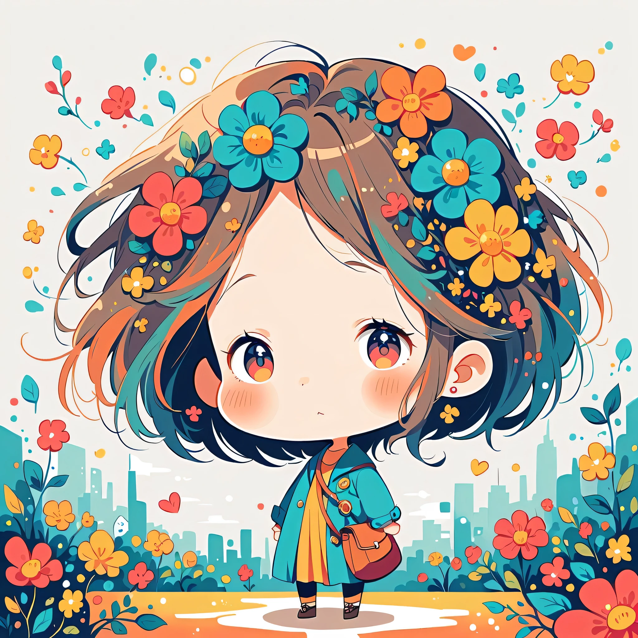Watase Seizo style, Standing in front of a high wall,Simple Line Initialism,Abstract art,Urban Background, (((The most beautiful girl))), (((chibi))), colorful flowers