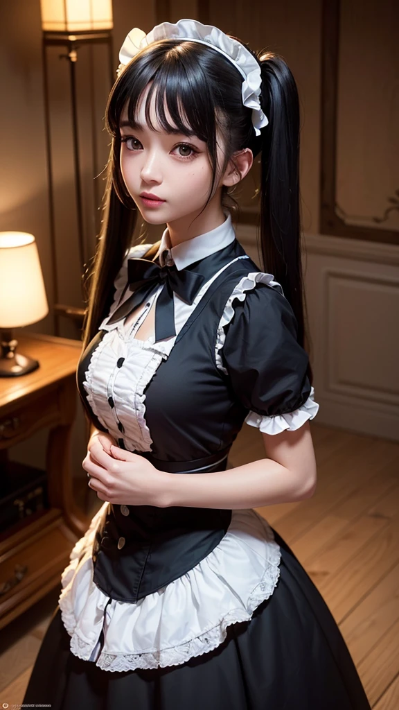 ((top-quality、in 8K、​masterpiece:1.3, Photorealsitic:1.4, underground room, Realistic human skin)), standing, full body, Japanese high school  girl, 1 female, A dark-haired, With bangs, Medium-sized breasts, ((Gothic lolita, maid clothes, twintails hairstyle, Black eyes)), Highly detailed facial and skin texture, A detailed eye, Detailed lips、Highly detailed hair depiction, Natural makeup:1.2