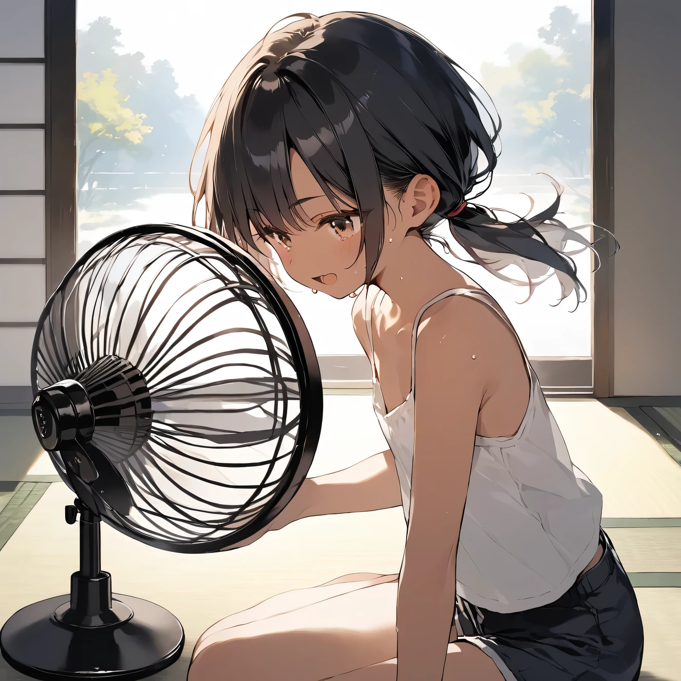 score_9, score_8_up, score_7_up, source_anime, best quality, masterpiece,official art, absurdres, highres, waifu2x,Collection: Slice of Life,break,1girl, tomboy, dark-skinned female, short hair, low ponytail, flat chest,  beautiful detailed eyes, short shorts, sweat, open mouth, (yawn:0.3),  sleepily, indoors, tatami, electric fan, wind, break,(clear line illustration:1.2),very high resolution, very aesthetic, super detailed skin, Best sexual lighting powered by famous artist, 8k,cute picture,beauty illustration,photoshop_(medium),,(Detailed Lighting)
