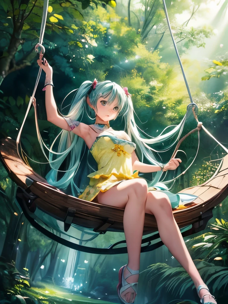 (masterpiece、highest quality、highest quality、Official Art、Beautiful and beautiful:1.2)、(One girl:1.3)Hatsune Miku、Twin tails,Beautiful breasts,Full body photo of a beautiful 25 year old girl playing on a swing hanging from a tree in the forest, Wearing a short yellow swirly frock like a flower, Attractive feminine shape, Beautiful thighs, Morning light, Disney Pixar