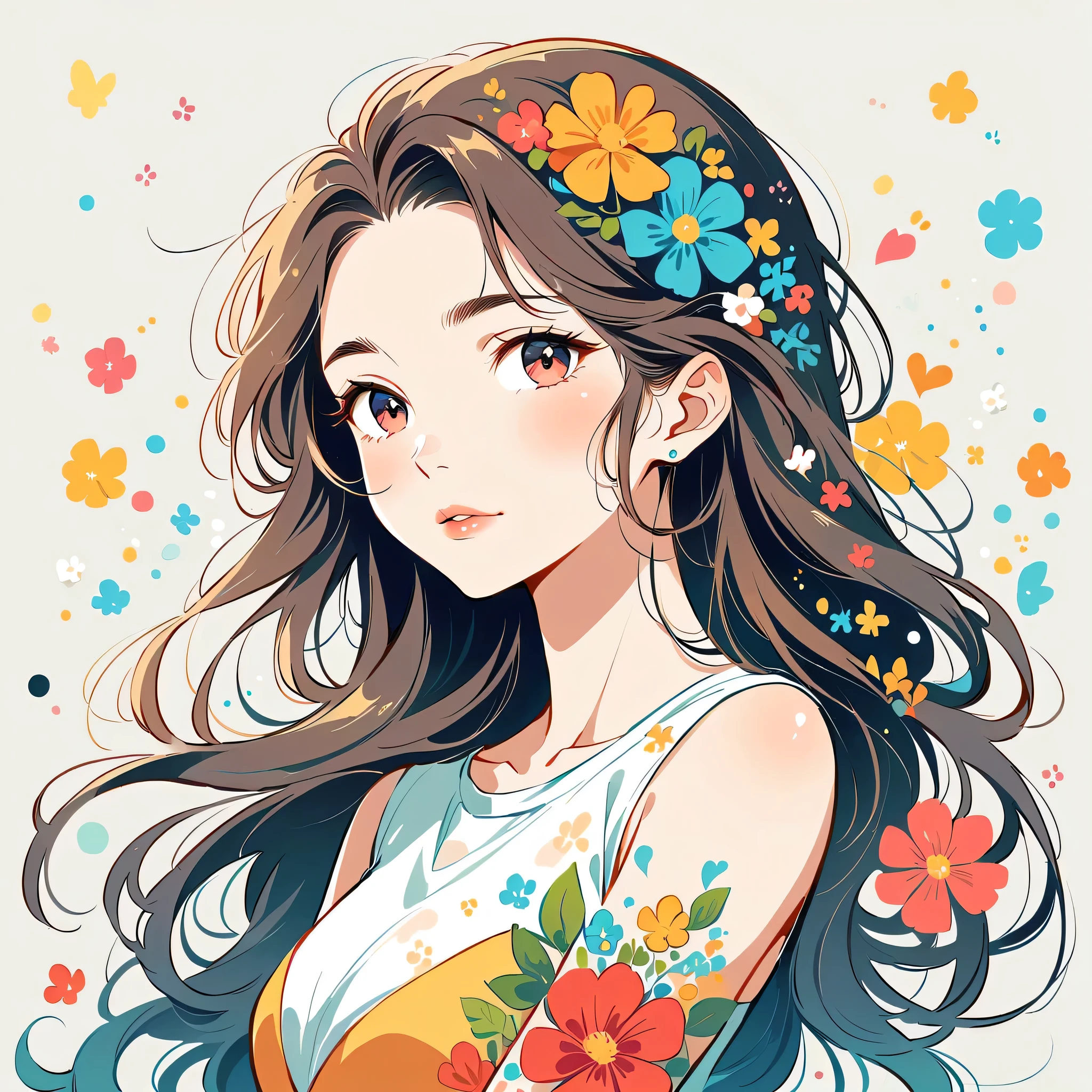 Takashi Murakami style、The most beautiful girl of all time、Lips in Love、Colorful flowers、Simple line initials、Abstract art、Urban Background,