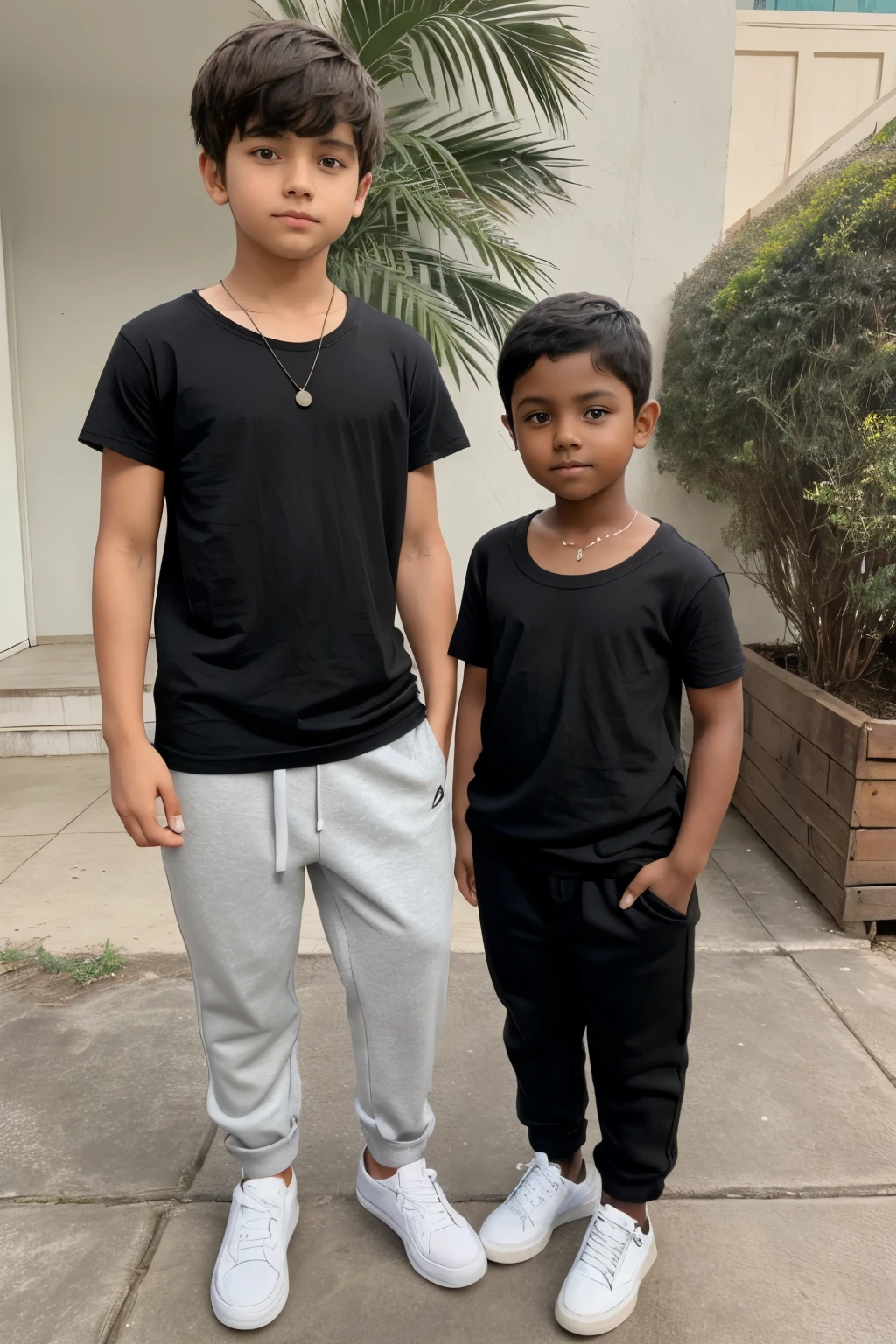 A couple pic. The girl is short and having short boycut hair and white skinned having round eyes and round face. Wearing black t shirt and pants and wearing shoes. The boy is looking taller and having muscle but little dark skin smaller face wearing western dress having beard face