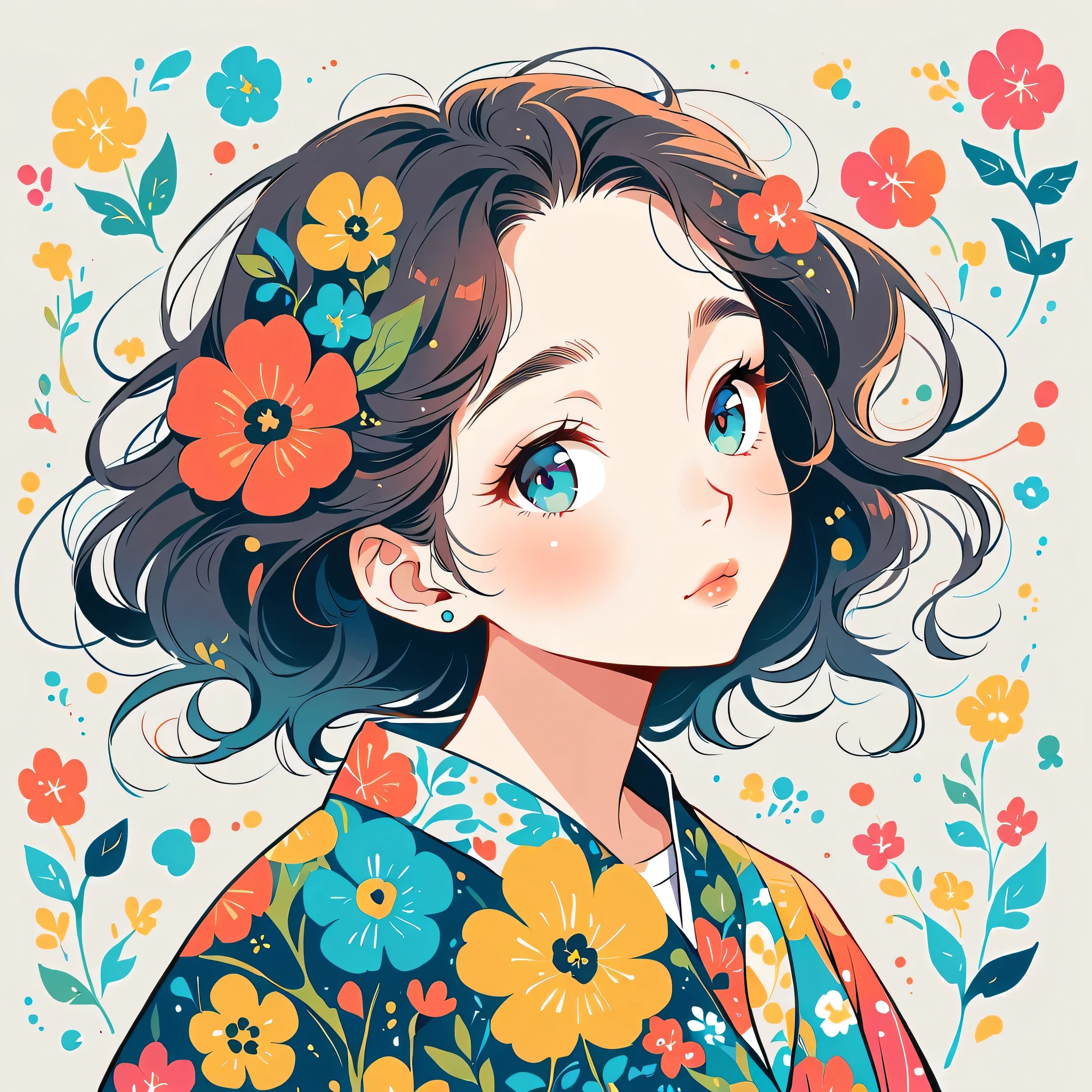 Takashi Murakami style、The most beautiful girl of all time、Lips in Love、Colorful flowers、Simple line initials、Abstract art、Urban Background,