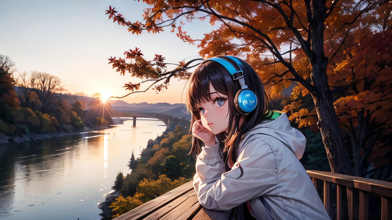 girl wearing headphones waiting for sunset in front of beautiful river. there are maple trees beside the river.