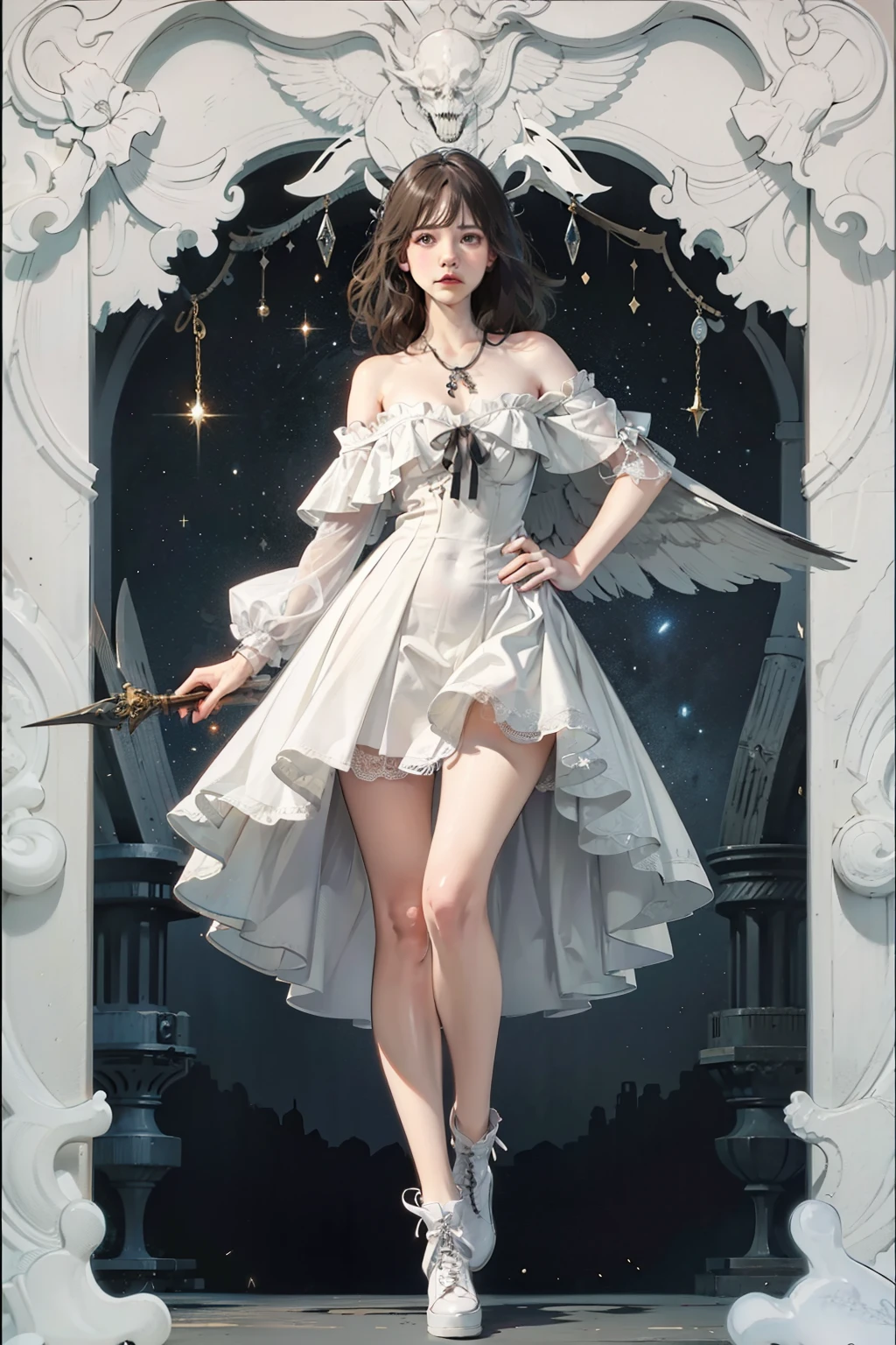 ((best quality)), ((masterpiece)), (detailed), 1girl, off-shoulder, Character design, female, dynamic poses, long white grey hair, grey white eyes, small frame, very skinny, detailed, best quality, no accesoires around the neck, no shoes, prominent collarbones, skinny arms, flat stomach, visible hip bones, full body, blank white background, plain background, white background, red and white clothing, Bloodborne inspired, occult aesthetic, occult, detailed and intricate steampunk and detailed gothic, NSFW, Very dramatic and cinematic lighting, cosmic horror, grim-dark, side-lighting, perfect face, NSFW, Fluttering lace flared long knee length dress with frilly petticoats, knee length dress, pleated petticoats, petticoats gothic, complex lace boots, side-lighting, gothic lolita aesthetic, wielding a mighty sword with mechanical components, various different types of insect wings, NSFW, full body, whole body, body, plain background, white background, blank background, no background, white background NSFW, chains, full body, whole body, head-to-toe NSFW