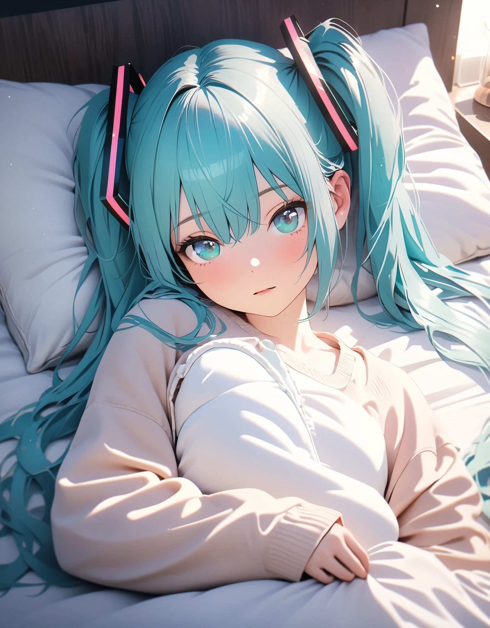 a girl, cyan hair, twin side ponytails, cyan eyes, Hatsune Miku, sleeping on bed, sleeping on pillow, happy expression, looking at viewer, boyfriend perspective, high quality 8k, detailed, photorealistic, soft lighting, pastel colors, cozy atmosphere