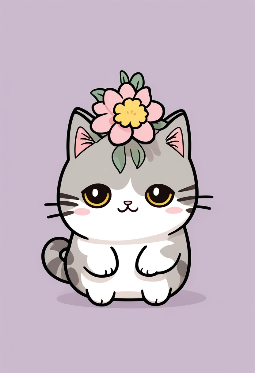 Erstelle eine Katze mit einer Blume auf dem Kopf, Pusheen-Stil. Comic, Cute cat, Discord-Profilbild, Oktopus Katze, Kawaii-Katze, dicke graue Chibi-Katze, sein Kopf ist eine Birne, ich entspanne, Abonnieren, Detailliertes Bild, giftige Katze, Catgirl, angry cat, Miau, Zwietracht-Emoji, nekomimi, Katzenkopf