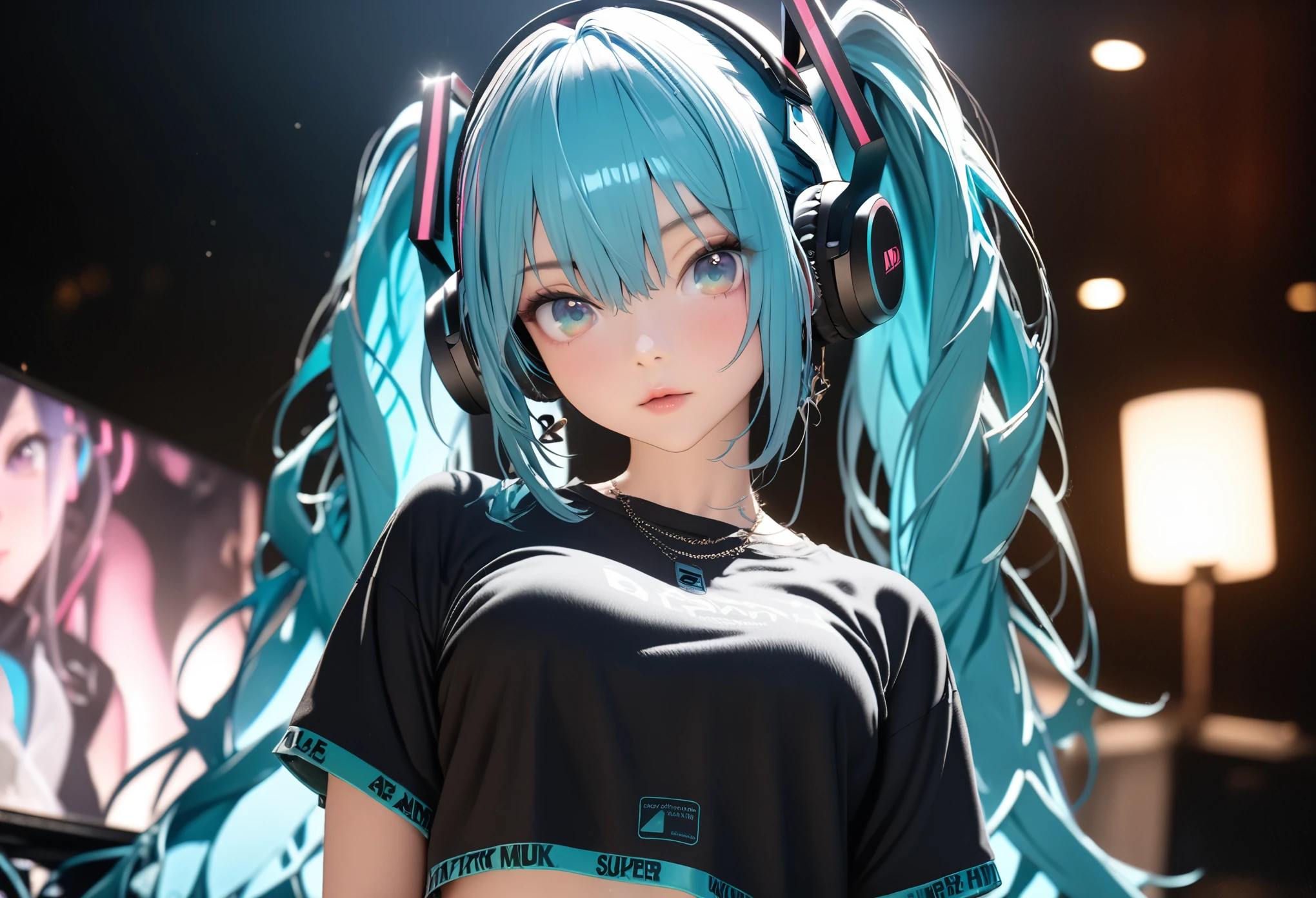 A beautiful girl with long cyan hair, twin ponytail, pretty cyan eyes, eyes makeup, small earrings, wearing a cropped shirt, low rise skirt, and a black headphones, (Hatsune Miku), posing in night town, professional photography studio team, professional fashion model, (super shallow depth of field:1.4), magazine cover photo, (best quality, 8k, highres, masterpiece:1.2), ultra-detailed, (semi-realistic, anime-photo), UHD, studio lighting, ultra-fine painting, sharp focus, physically-based rendering, Octane Render, extreme detail description, professional, vivid colors, heart, bokeh, fashion,