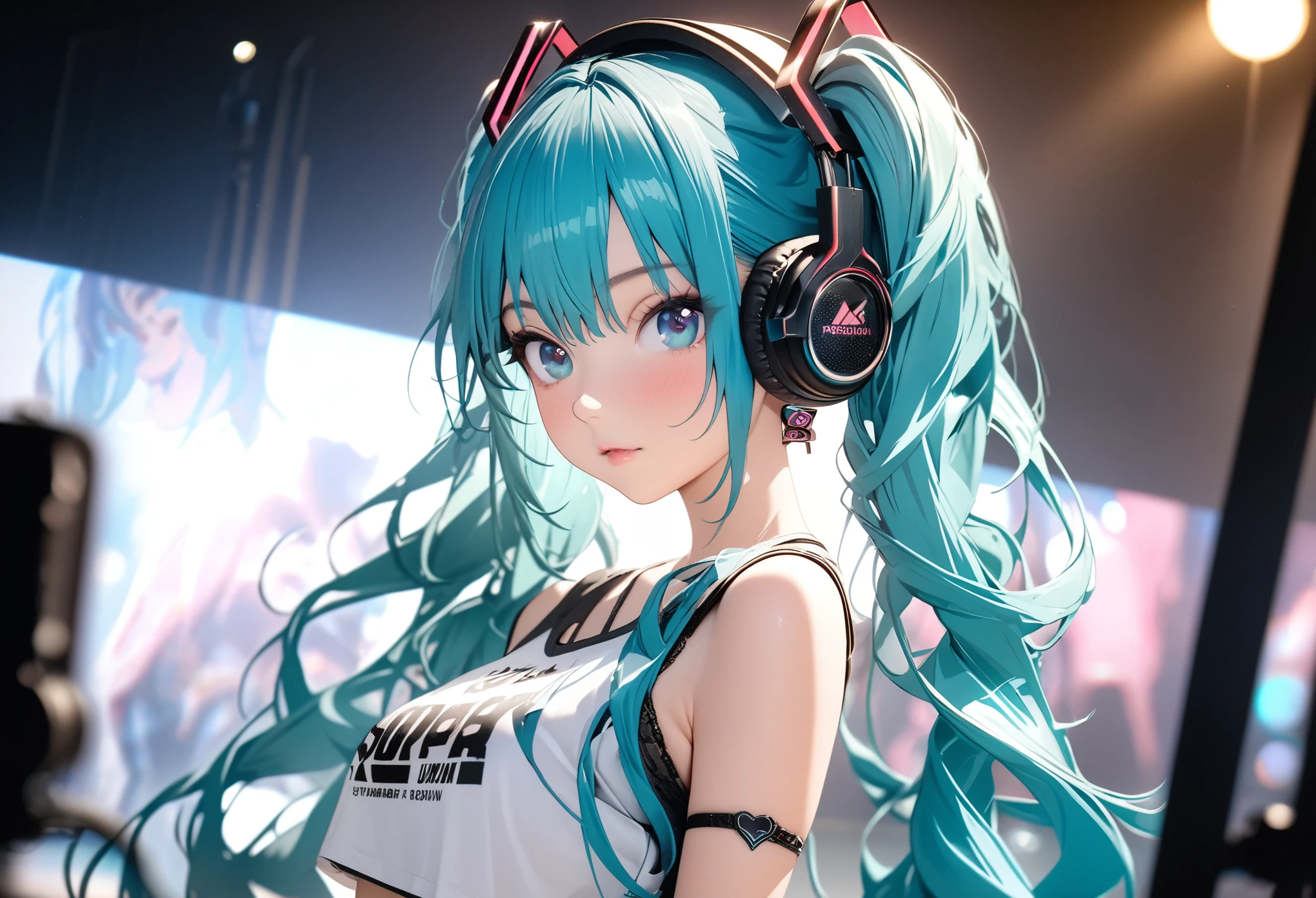 A beautiful girl with long cyan hair, twin ponytail, pretty cyan eyes, eyes makeup, small earrings, wearing a cropped shirt, low rise skirt, and a black headphones, (Hatsune Miku), posing in night town, professional photography studio team, professional fashion model, (super shallow depth of field:1.4), magazine cover photo, (best quality, 8k, highres, masterpiece:1.2), ultra-detailed, (semi-realistic, anime-photo), UHD, studio lighting, ultra-fine painting, sharp focus, physically-based rendering, Octane Render, extreme detail description, professional, vivid colors, heart, bokeh, fashion,