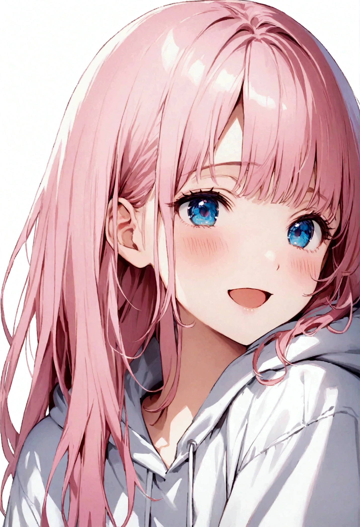 Glossy blonde、blue eyes、Droopy eyes、Shining Eyes、smile、Open your mouth、White hoodie、Wearing a hood、masterpiece, highest quality, Official Art, Very detailed, Absurd, 8K resolution, 20 year old girl, change, alone, 明るいsmile, fine grain、shabby bangs、Pink Hair、Blush and redness、Gradient Hair、Perfect Face、Hair hanging down behind the ears、Transparent background、White background、Lonely look、Somewhere sad look