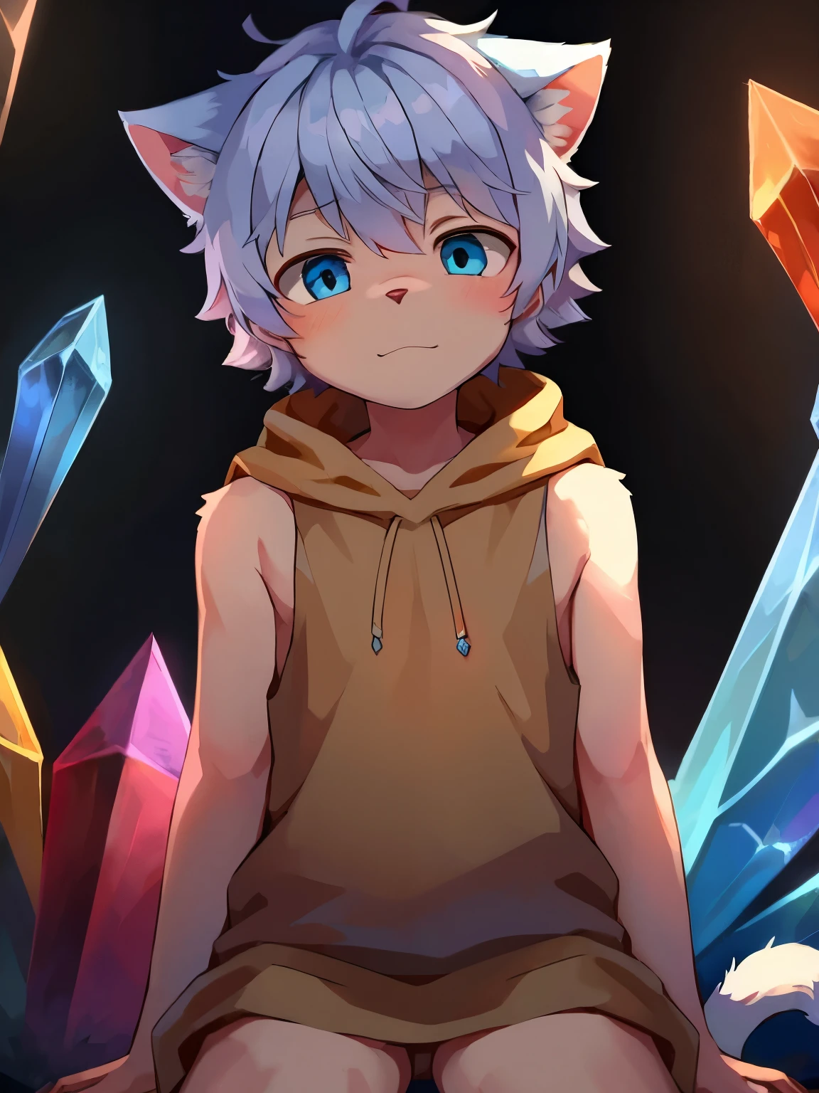 Highres, Masterpiece, Best quality at best,High-quality illustrations, Best Quality, Furry, Boy, Shota, Cat boy，White fur，crystal blue eyes，Single fluffy tail，grey hair，short detailed hair, Sleeveless hodie, uhd