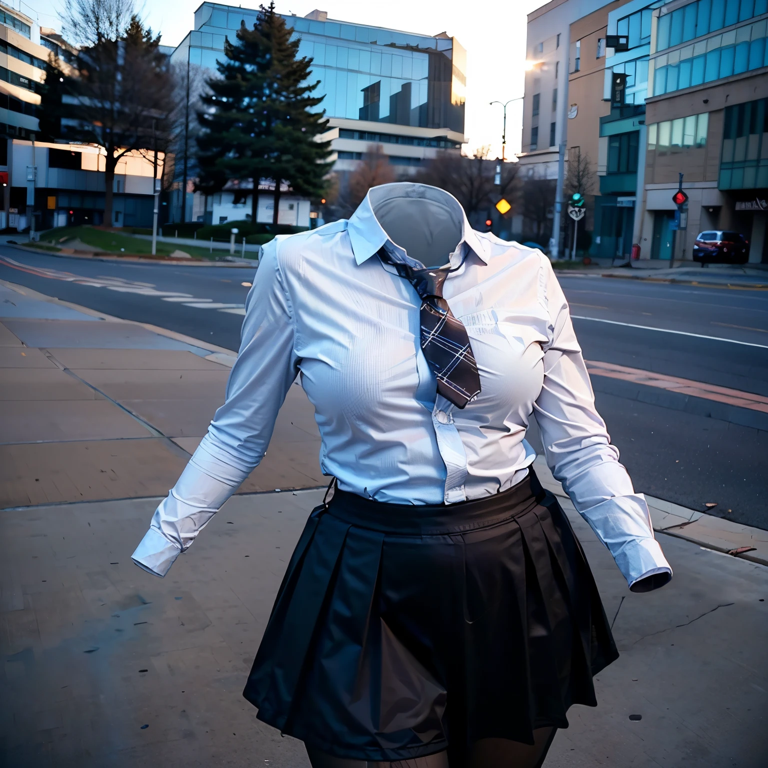 school blouse, plaid skirt, stripe tie on neck, black leggings, from above, cute big breasts, (invisible, no human, headless, handless:1.5), (8k, RAW photo, best quality, masterpiece:1.2), (realistic, photo-realistic:1.37), photon mapping, radiosity, ((Hasselblad photography)), physically-based rendering
