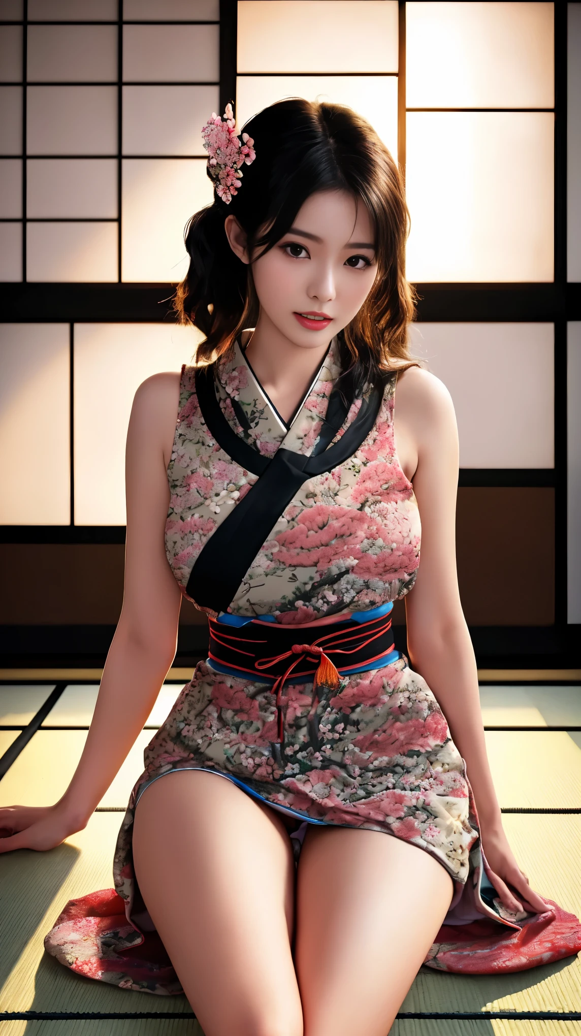 最high quality、high quality、Best image quality、8k、最High resolution、High resolution、最high quality、masterpiece、RAW Photos、whole body写真、Detailed and realistic human body、Detailed and realistic skin、Realistic face in every detail、Detailed and realistic eyes、Detailed and realistic lips、Detailed and realistic teeth、Detailed and realistic ears、Detailed and realistic hair、Realistic reproduction of every detail、((Beautiful Hands(thumb1、reference4))、Realistic feet down to the last detail、((Beautiful Japanese Girl))、(Japanese Model)、((18 year old beautiful girl))、(Black Hair)、(Random Hairstyles)、((whole body))、((Slim and perfect figure))、(Beautiful and firm breasts)、(whole body光沢肌、Fair skin)、Soft natural light、China dress、kimono、Ninja costume、Japanese tradition、Japan House、Japanese Style House、Tatami room、((Colorful see-through(Floral Ninja Costume))、((Sit Japanese style on the tatami floor(Boldly show off your thighs))