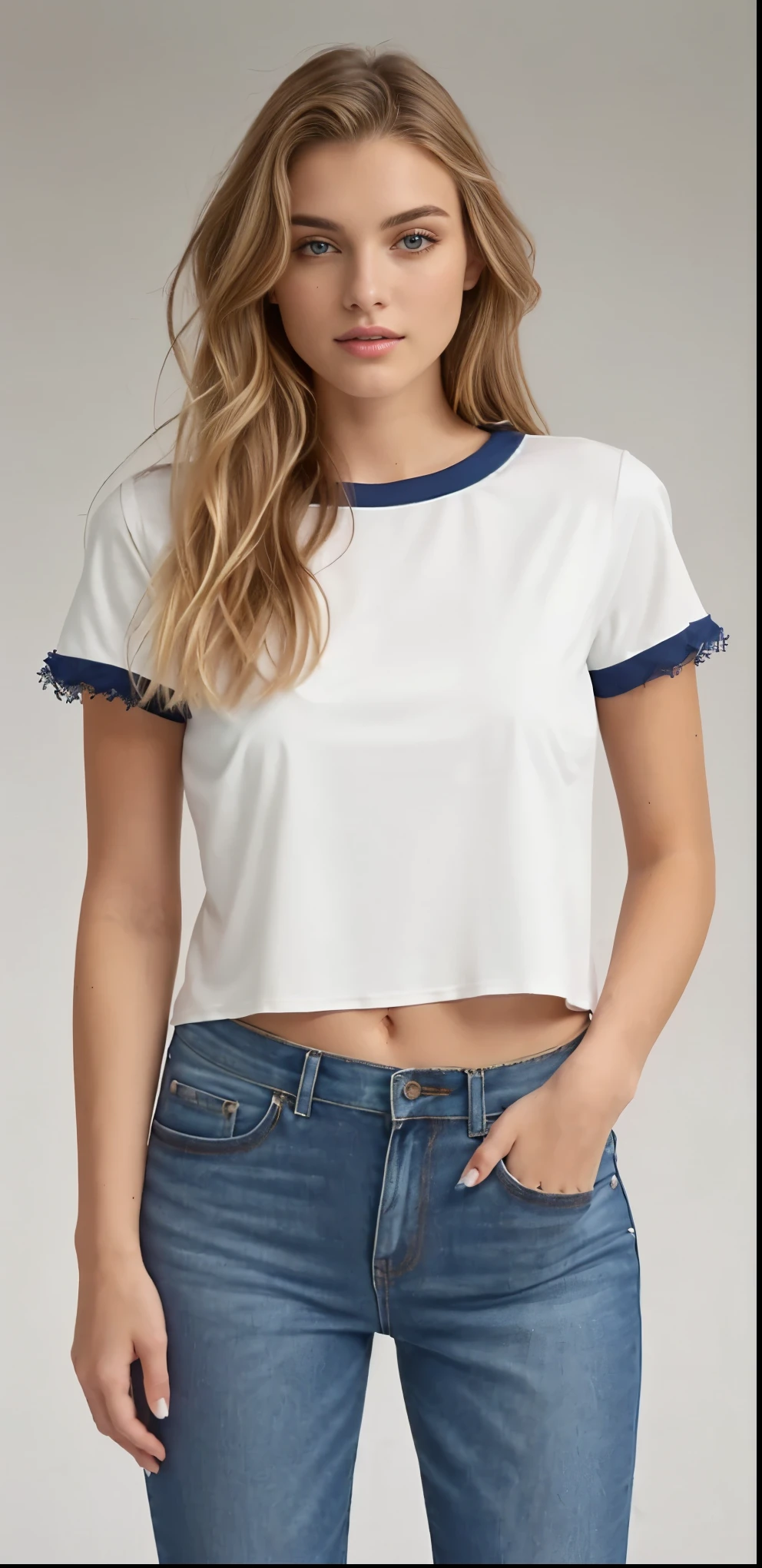 a woman in a white and blue blouse is standing, vestindo um top cortado, vestindo um top cortados, corte superior, corte superior, camiseta azul apertada, usando um top cropped sexy, wearing corte superior, wearing a corte superior, Topo branco, camiseta branca, vestido com uma camiseta branca, plain camiseta branca, camiseta branca, camiseta branca