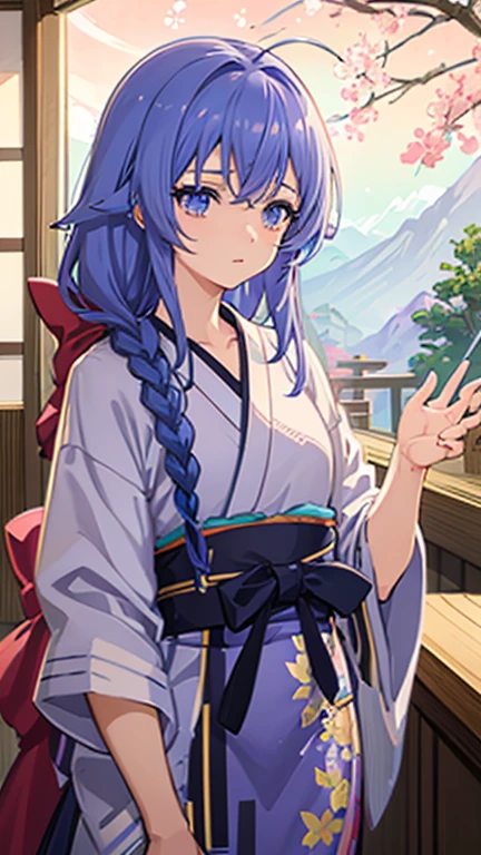 1 girl, blue hair, triple braid, woman character, purple and blue floral yukata, relaxed expression, sleepy face, soft tonal waves, light blue and peach gradient, japanese beauty, roxy, slightly open, best quality, masterpiece, high quality, ultra detailed, beautiful, exquisite, hyper detailed, Full-HD, 16K