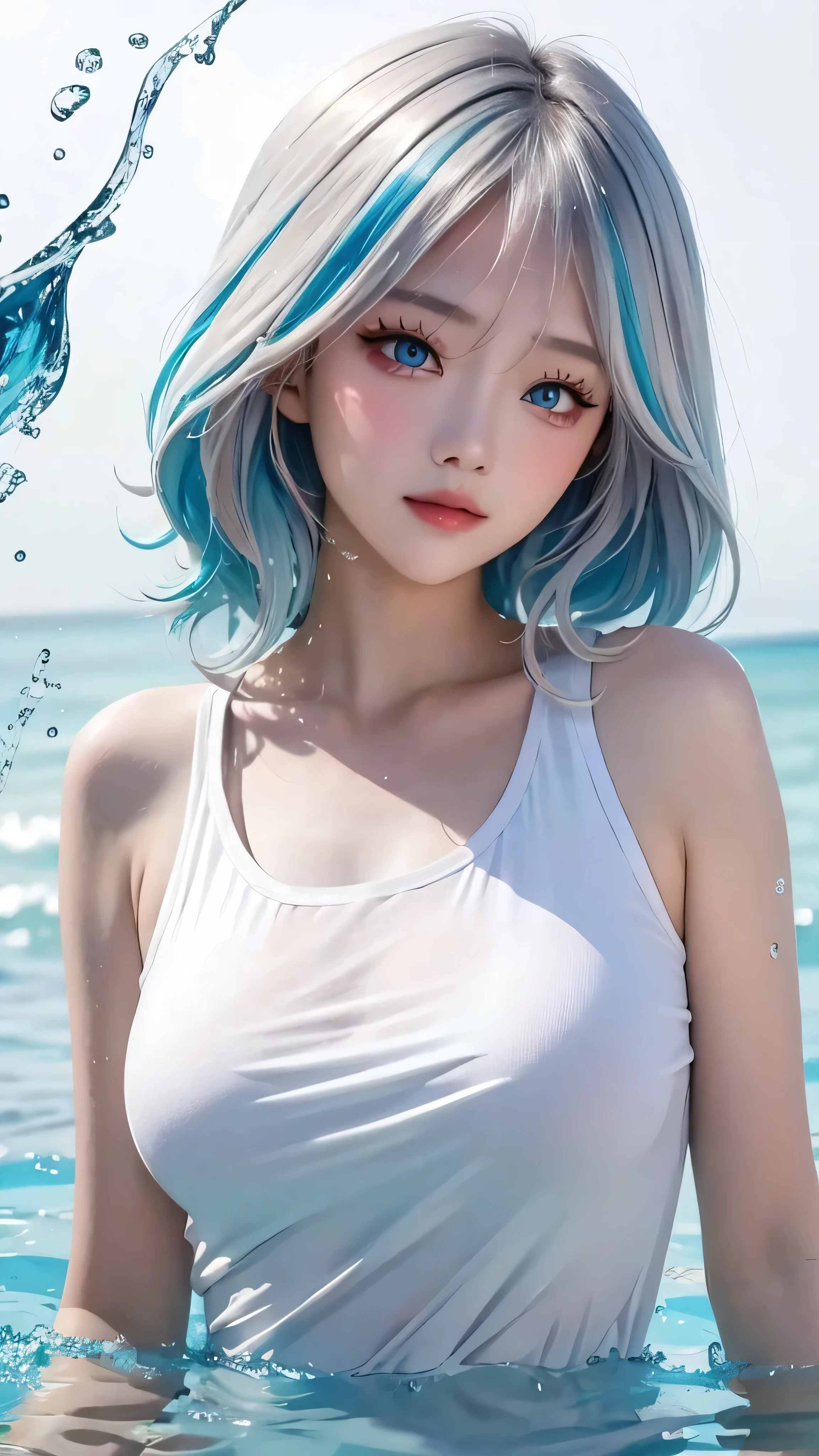 (masterpiece, best quality, high resolution), Anime style, White background, acrylic paint, ((Splash of Color, Ink splash, Splash of Color)), Sweet Chinese girl, Long Grayish blue hair, [Grayish blue|green] hair, Light blue eyes，Red half frame glasses，Super huge ，Curly hair, flash, peach colored lips, White shirt, front, Upper Body，Sad expression，blush