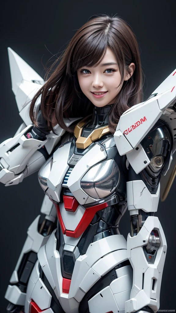 Textured skin, Super Detail, high details, High quality, Best Quality, hight resolution, 1080p, hard disk, Beautiful,(Gundam),Beautiful Smile,beautiful cyborg woman,Mecha Cyborg Girl,Battle Mode,Girl with a Mecha Body,She wears a futuristic Gundam mecha,Fulll body Shot