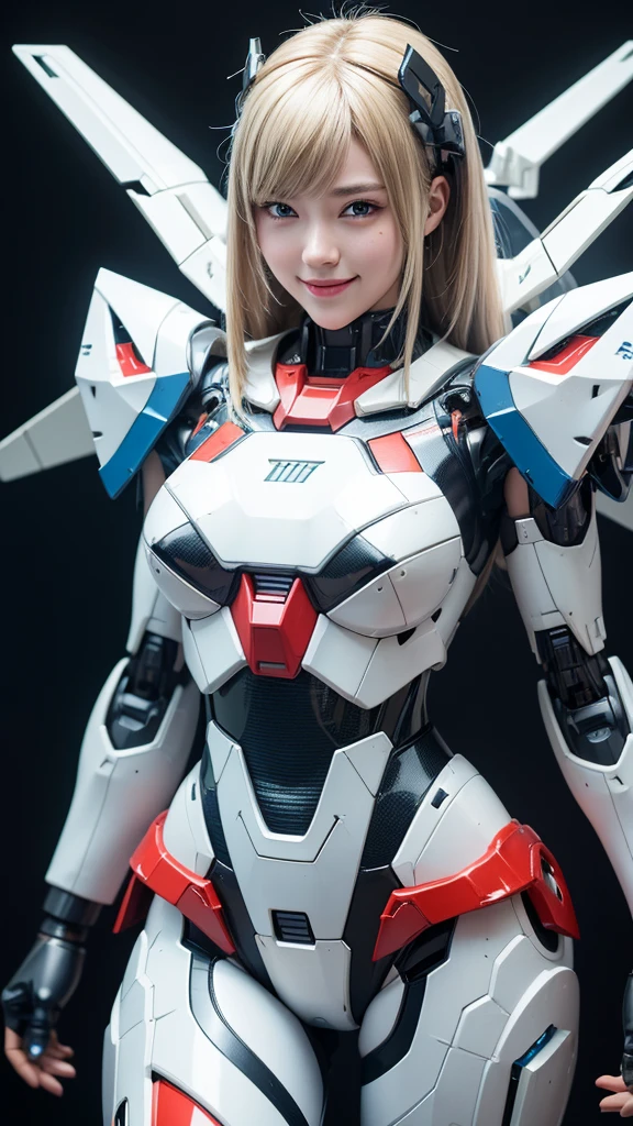 Textured skin, Super Detail, high details, High quality, Best Quality, hight resolution, 1080p, hard disk, Beautiful,(Gundam),Beautiful Smile,beautiful cyborg woman,Mecha Cyborg Girl,Battle Mode,Girl with a Mecha Body,She wears a futuristic Gundam mecha,Fulll body Shot