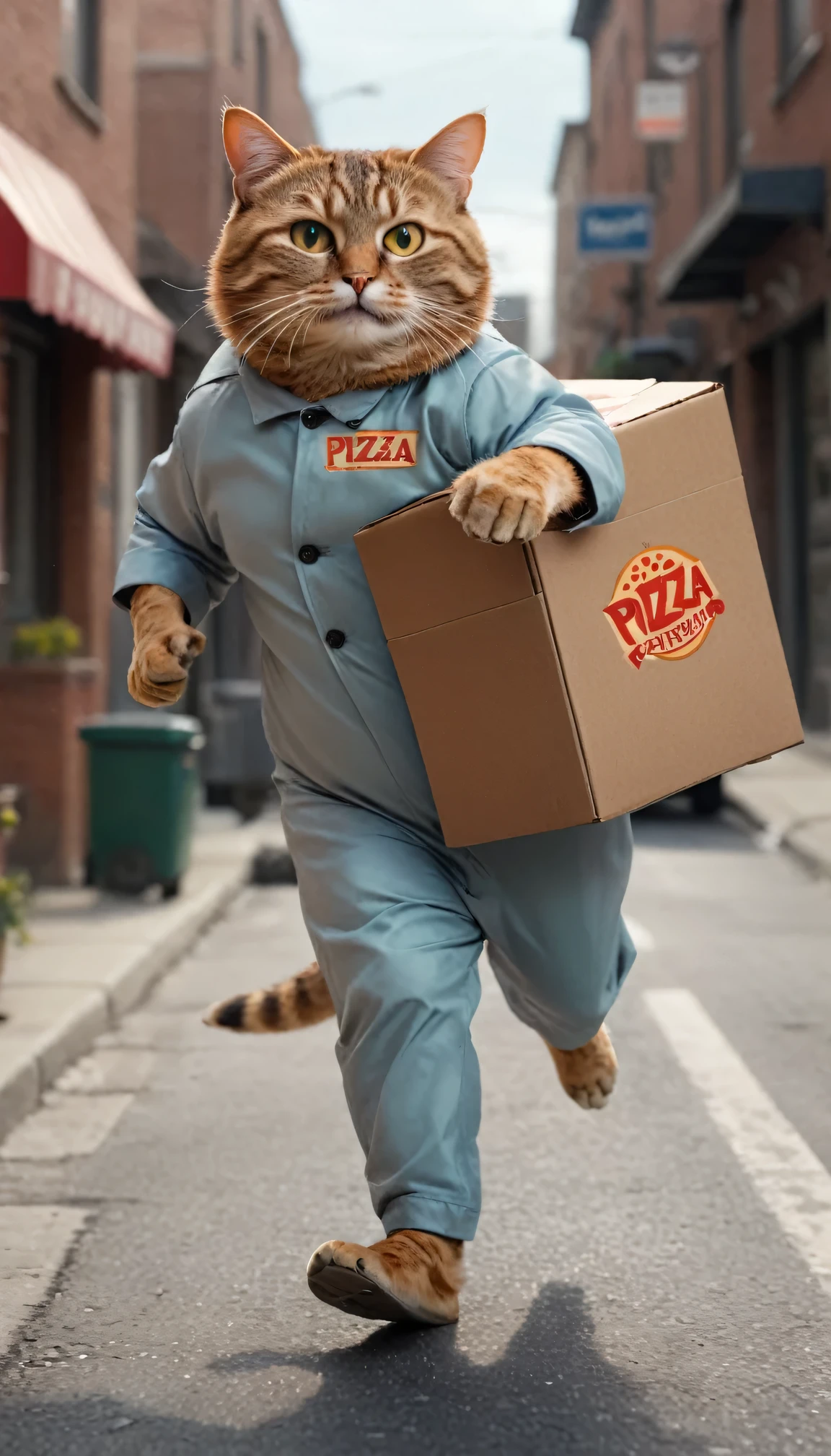 ((whole body)), Fat cat in a pizza delivery suit, running down the street, Pizza box on foot, Action-packed backgrounds, Cinematic, High quality details, high realism, Bright contrasting colors