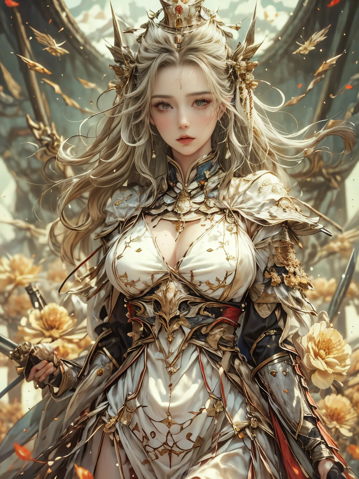 (8K, highest quality, masterpiece),(Realistic, RAW Photos, Super Fine Clear), Realistic Light, Detailed skin, Beautiful woman, ((35-year-old woman, queen:1.5)), Thin legs, fine grain, white long hair, Detailed fingers, thin, Sexual, Ecstasy facial expression, Super big , boucing firm bust, The chest part of the armor is wide open, Chest exposed, (deep scarlet armor), (peach, peach garden, Flower storm), lakeside palace