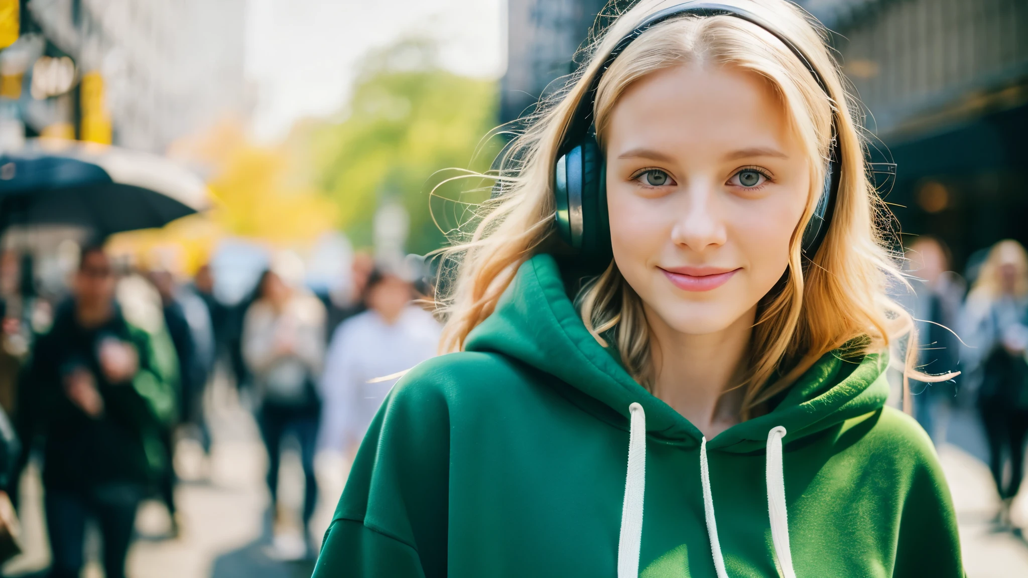 Beautiful blonde in an oversized green hoodie (Morning walk through New York City),Wearing headphones,Very detailed, 21 years old, Innocent face, Naturally Wavy Hair, blue eyes, High resolution, masterpiece, highest quality, Intricate details, Very detailed, Clear focus, Delicate skin, practical skin texture, texture, Delicate eyes, Professional, 4K, Cute Smile, Shot with Canon, 85mm, Shallow and deep,  Kodak Vision Color, Exactly, Very detailed, photograph_\(Extremist\), photographpractical, practical, Post-processing, Maximum details, Roughness, Real Life, Extremist practical, Photorealism, photographgraphy, 8K Ultra HD, photographgraphy