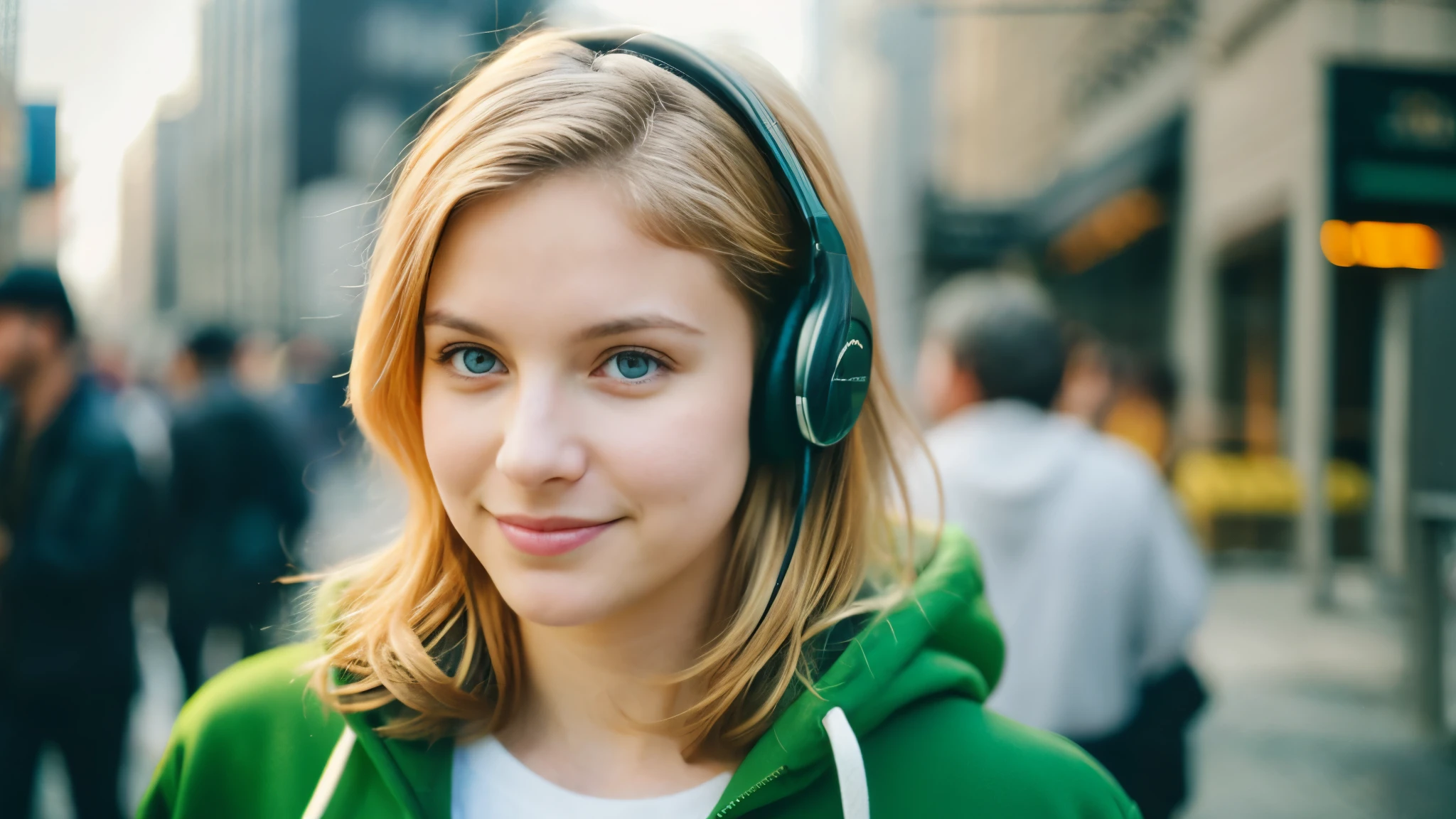Beautiful blonde in an oversized green hoodie (Morning walk through New York City),Wearing headphones,Very detailed, 21 years old, Innocent face, Naturally Wavy Hair, blue eyes, High resolution, masterpiece, highest quality, Intricate details, Very detailed, Clear focus, Delicate skin, practical skin texture, texture, Delicate eyes, Professional, 4K, Cute Smile, Shot with Canon, 85mm, Shallow and deep, Kodak Vision Color, Exactly, Very detailed, photograph_\(Extremist\), photographpractical, practical, Post-processing, Maximum details, Roughness, Real Life, Extremist practical, Photorealism, photographgraphy, 8K Ultra HD, photographgraphy