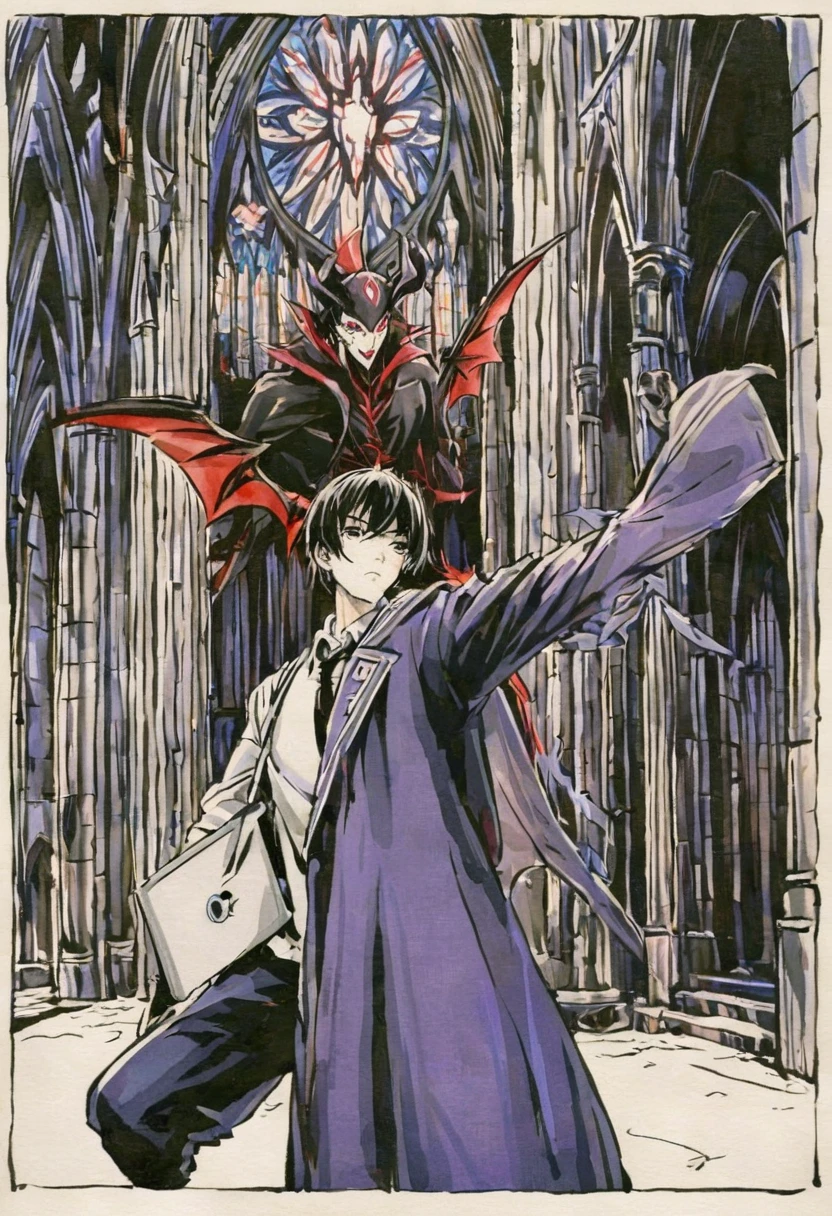 high school student summoning a demon with his arm laptop for the battle, in the cathedral of shadows, shin megami tensei style, Masayuki Doi style